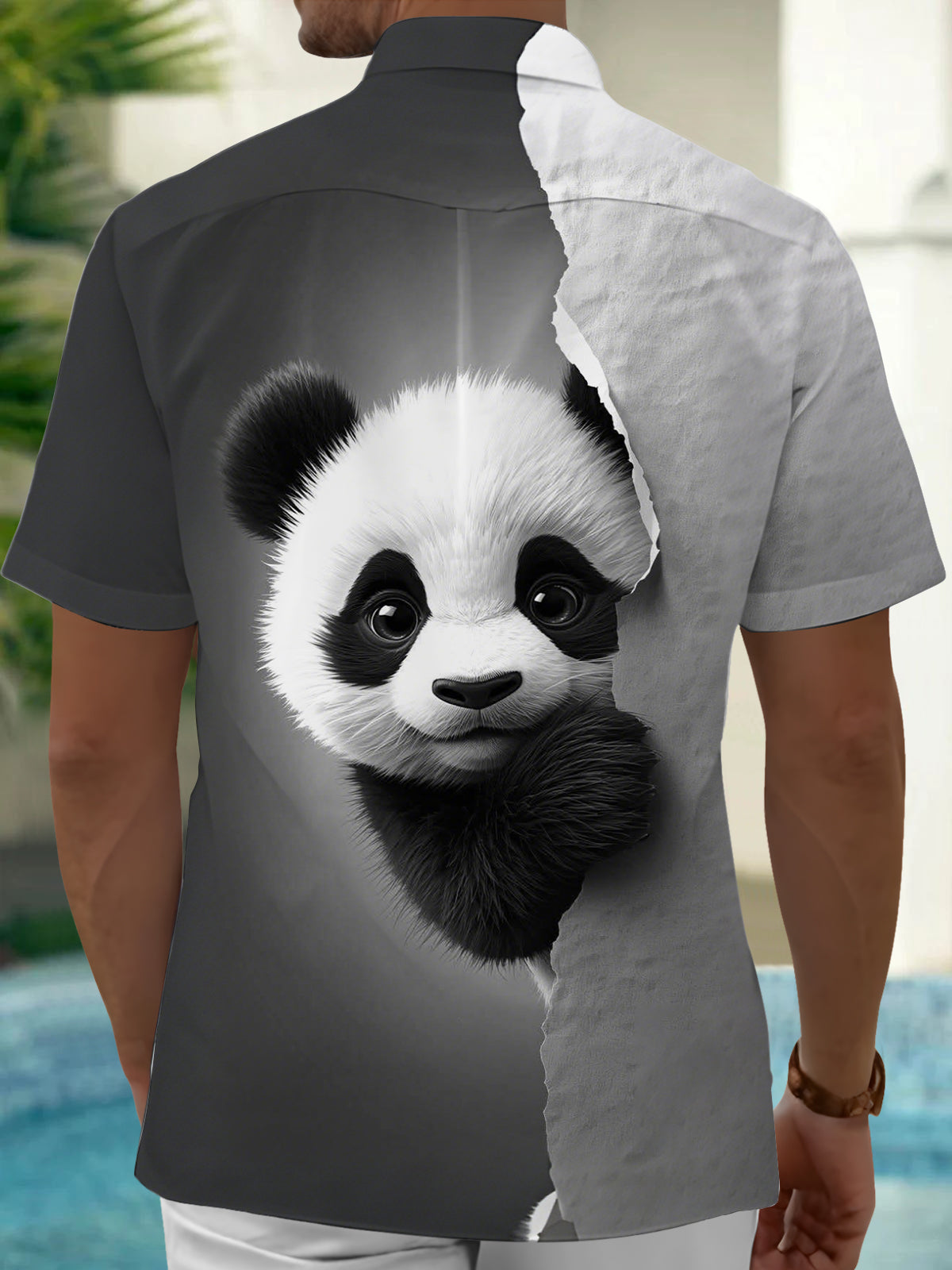 Panda Print Men's Pocket Short Sleeve Shirts