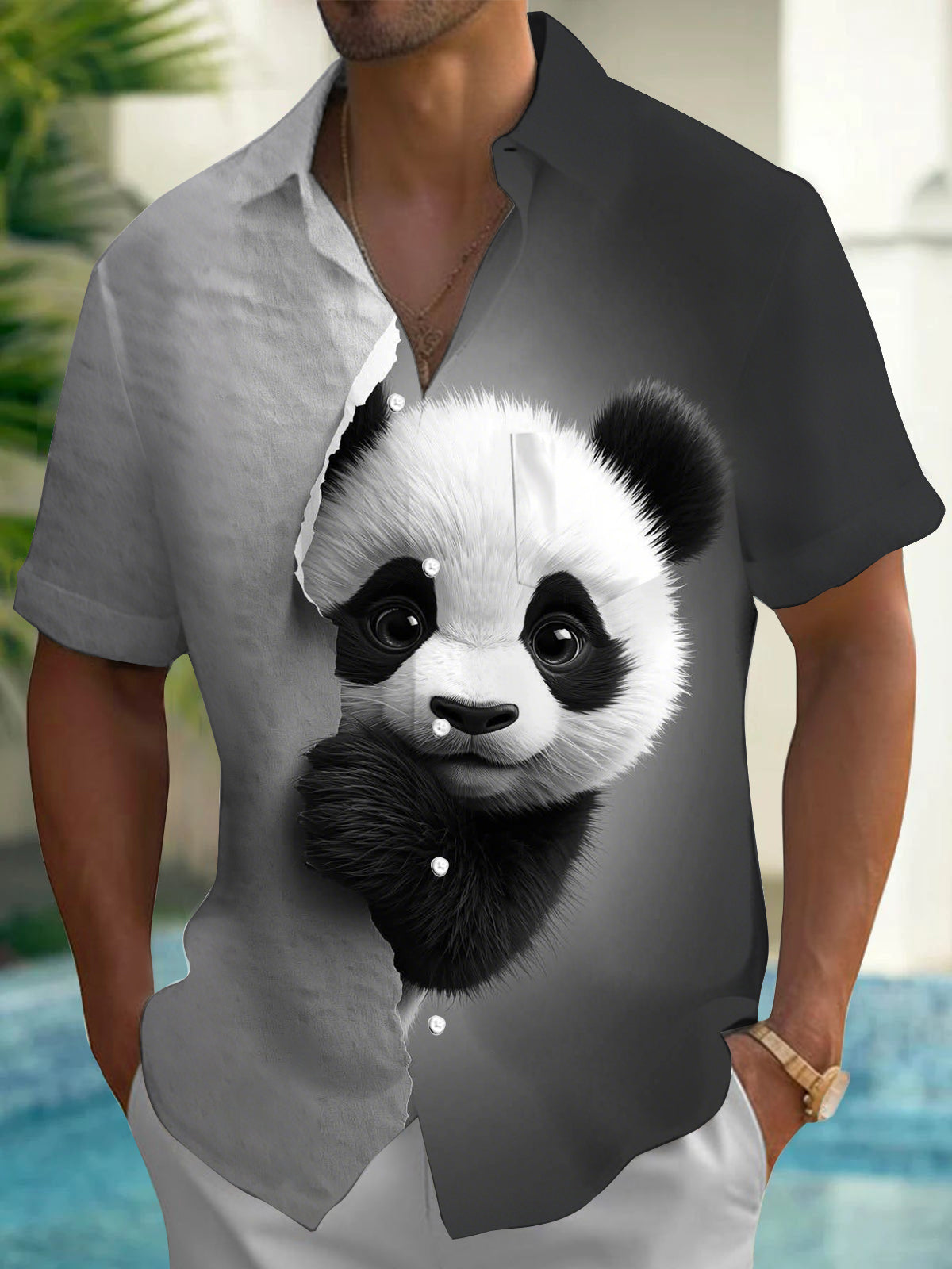 Panda Print Men's Pocket Short Sleeve Shirts