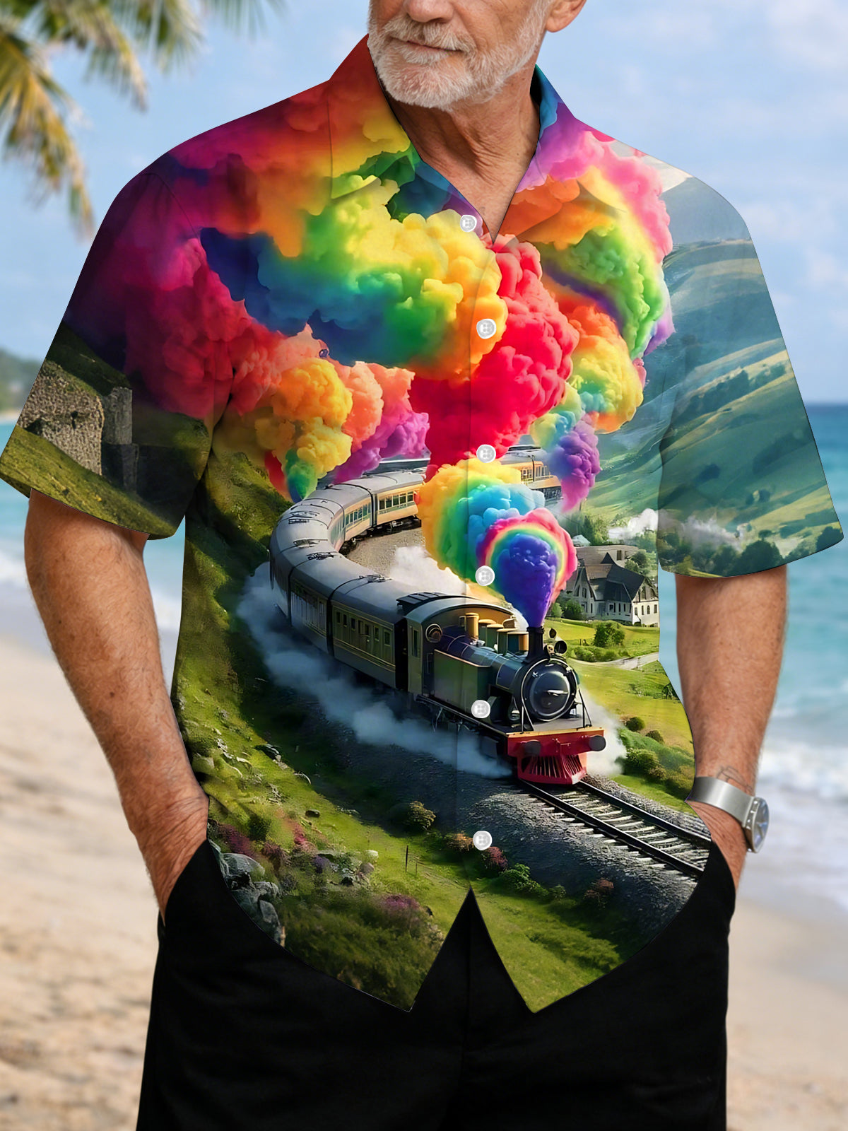 Train Print Men's Pocket Short Sleeve Shirts