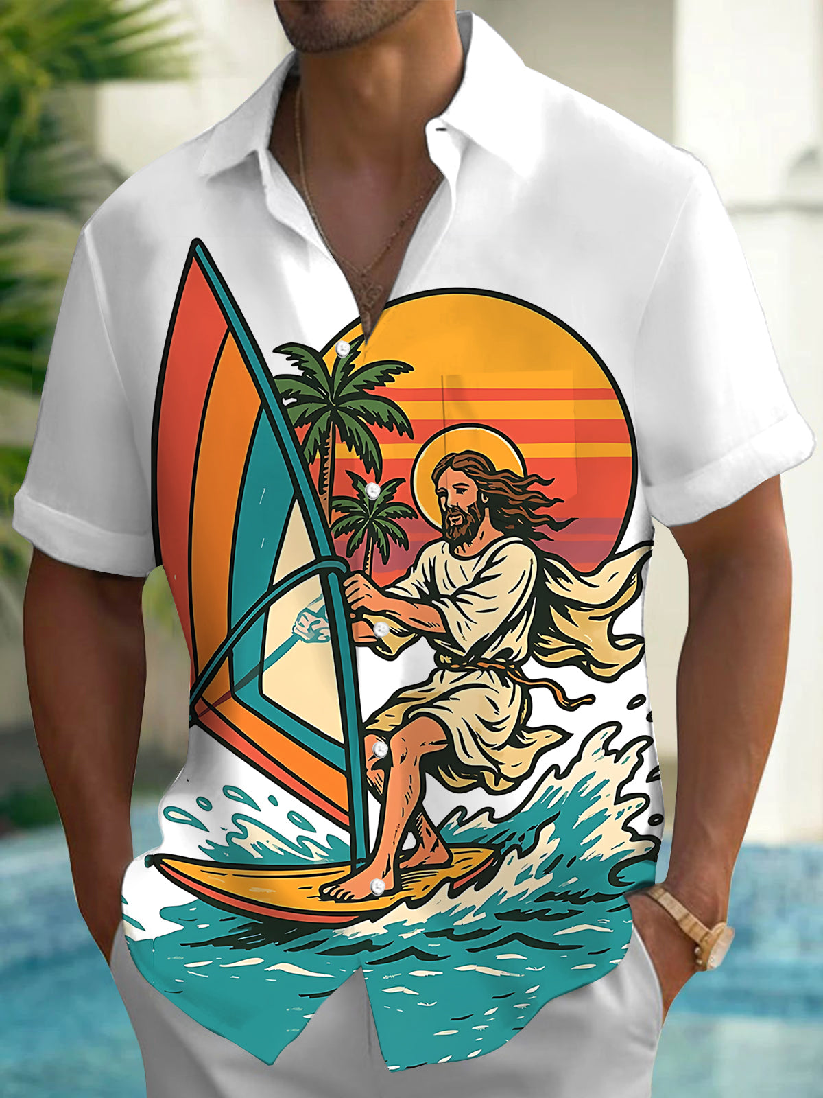 Jesus Surfing Print Men's Pocket Short Sleeve Shirts