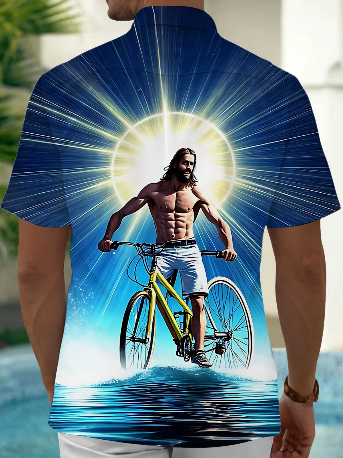 Jesus Bicycle Print Men's Pocket Short Sleeve Shirts