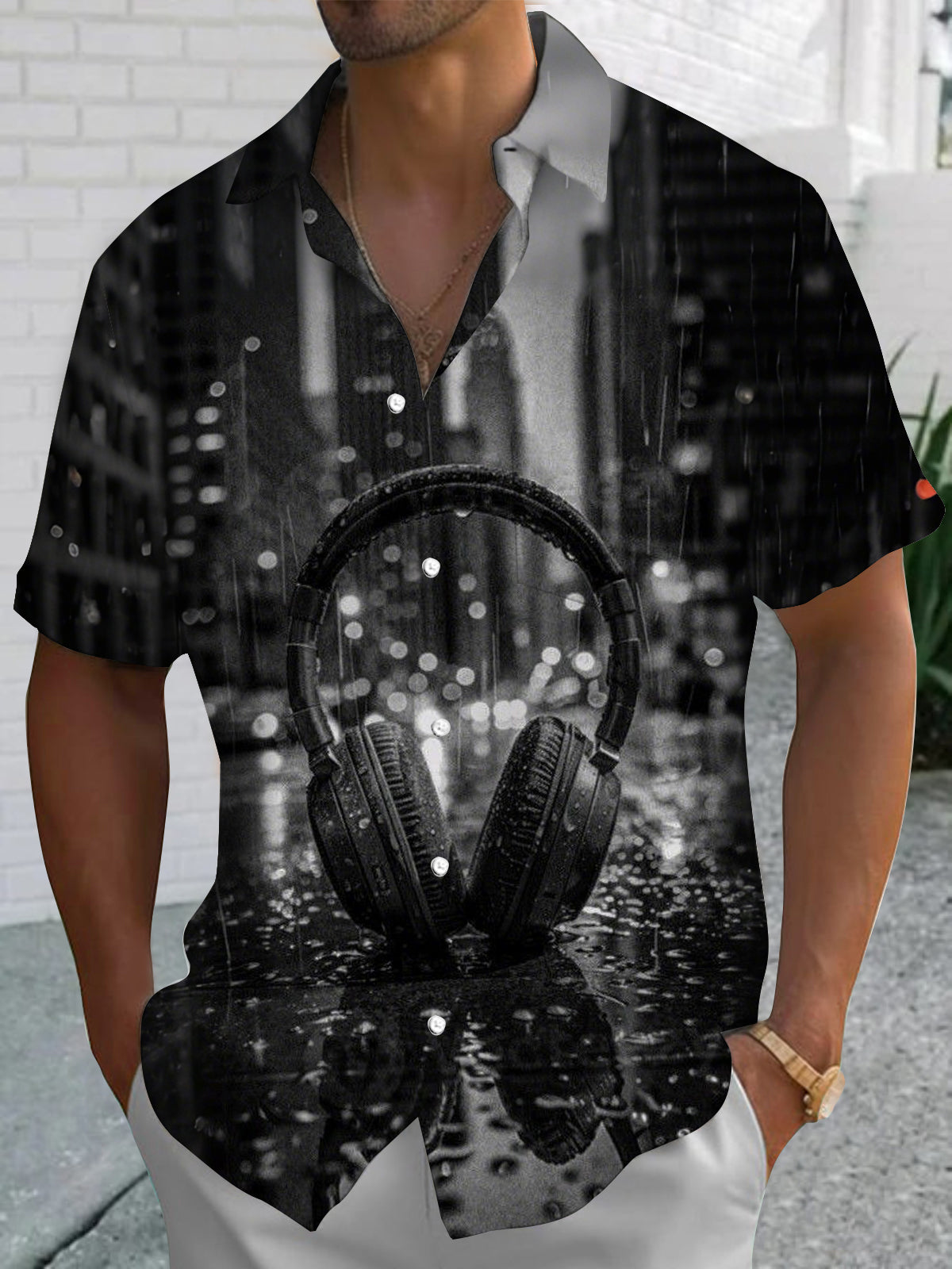 Earphone Print Men's Pocket Short Sleeve Shirts