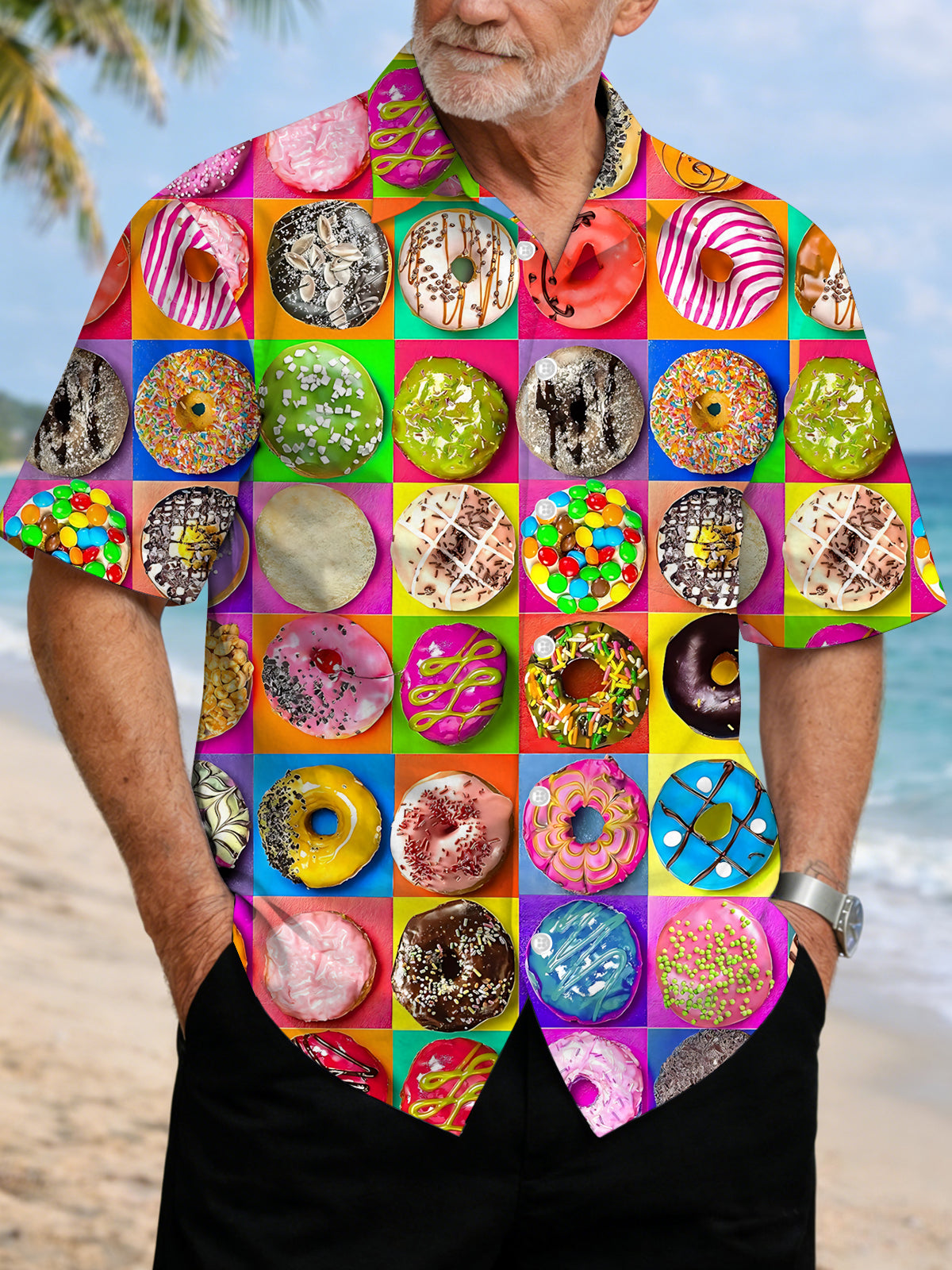 Donut Print Men's Pocket Short Sleeve Shirts
