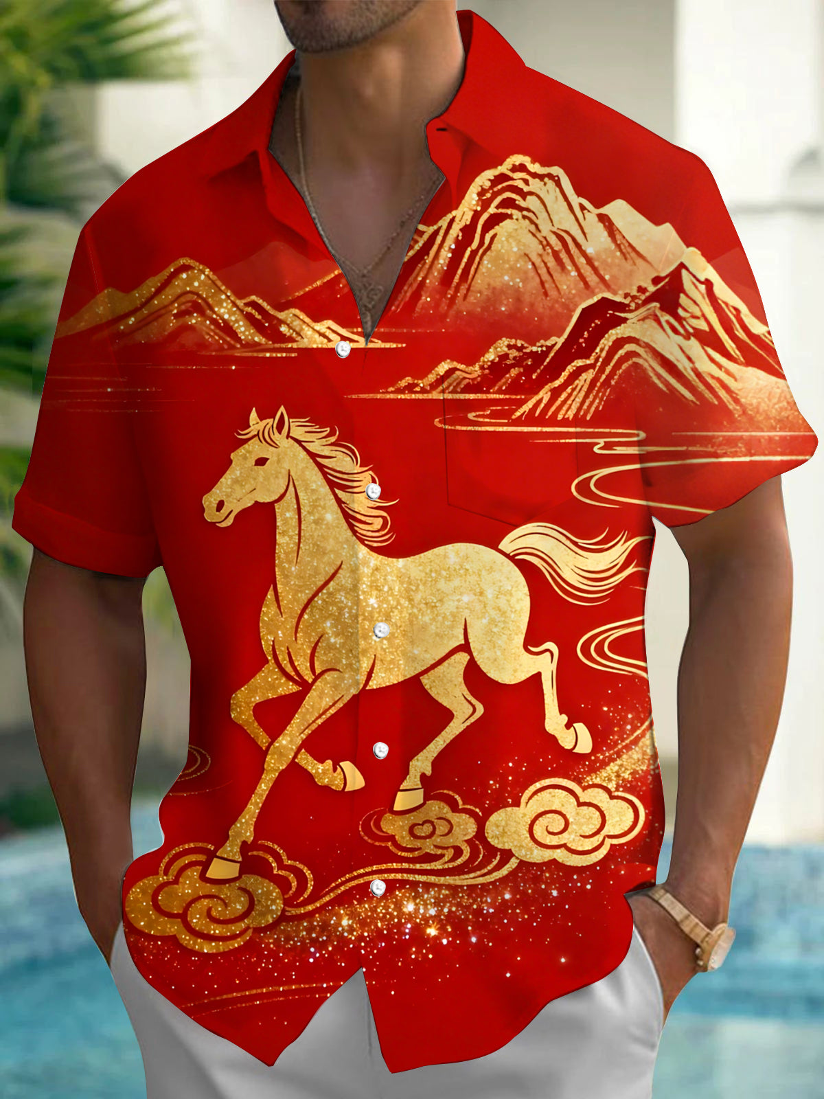Horse Print Men's Pocket Short Sleeve Shirts