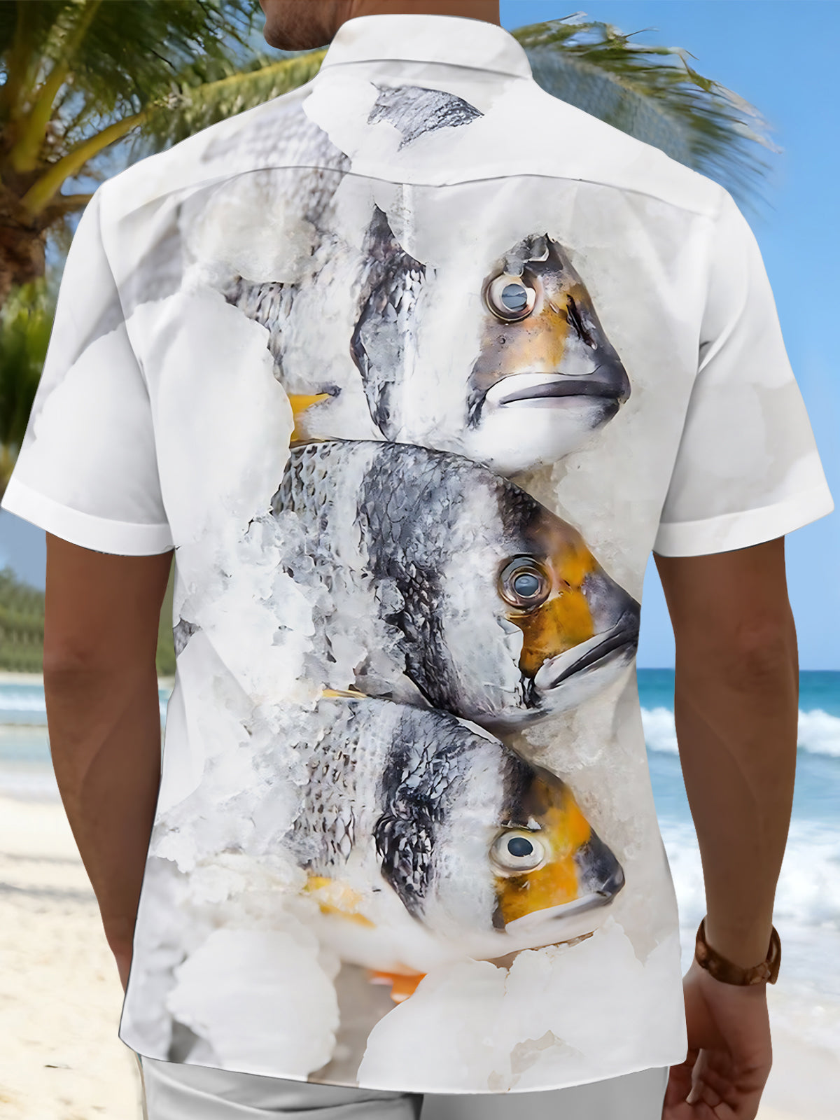 Fish Print Men's Pocket Short Sleeve Shirts