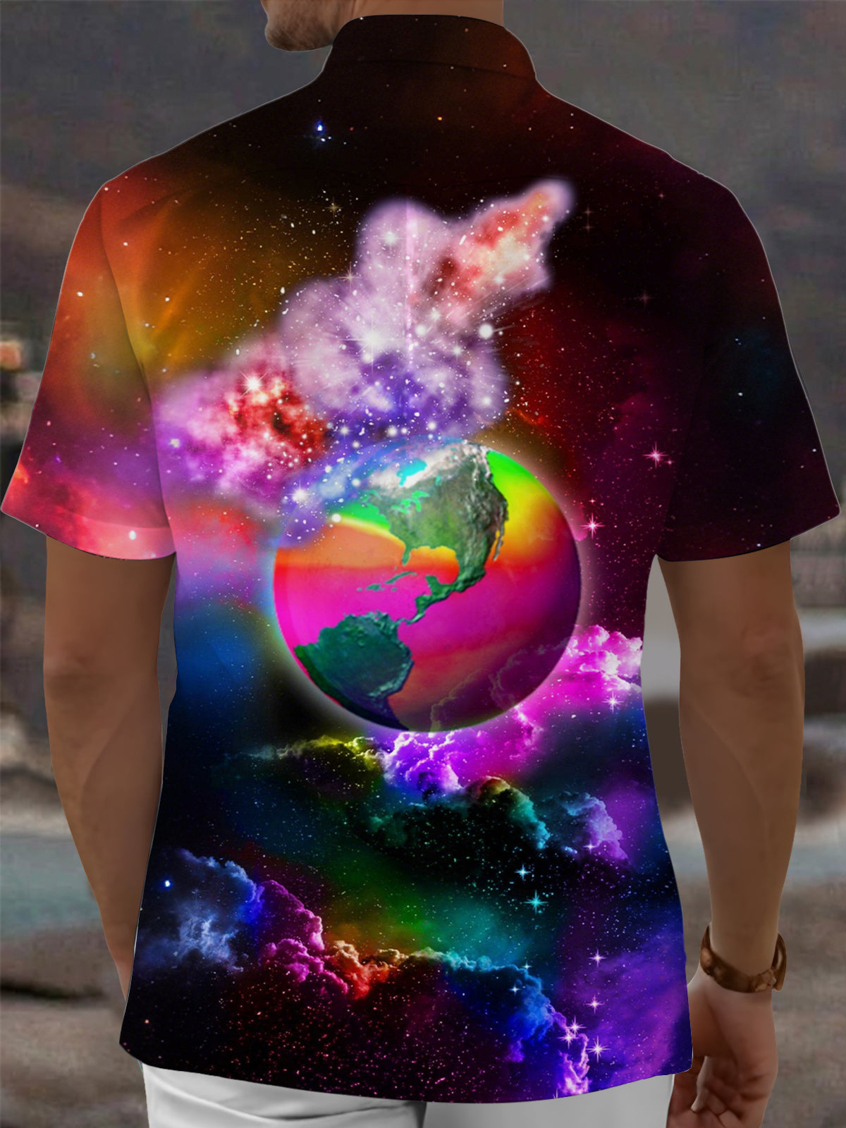 Universe Planet Print Men's Pocket Short Sleeve Shirts