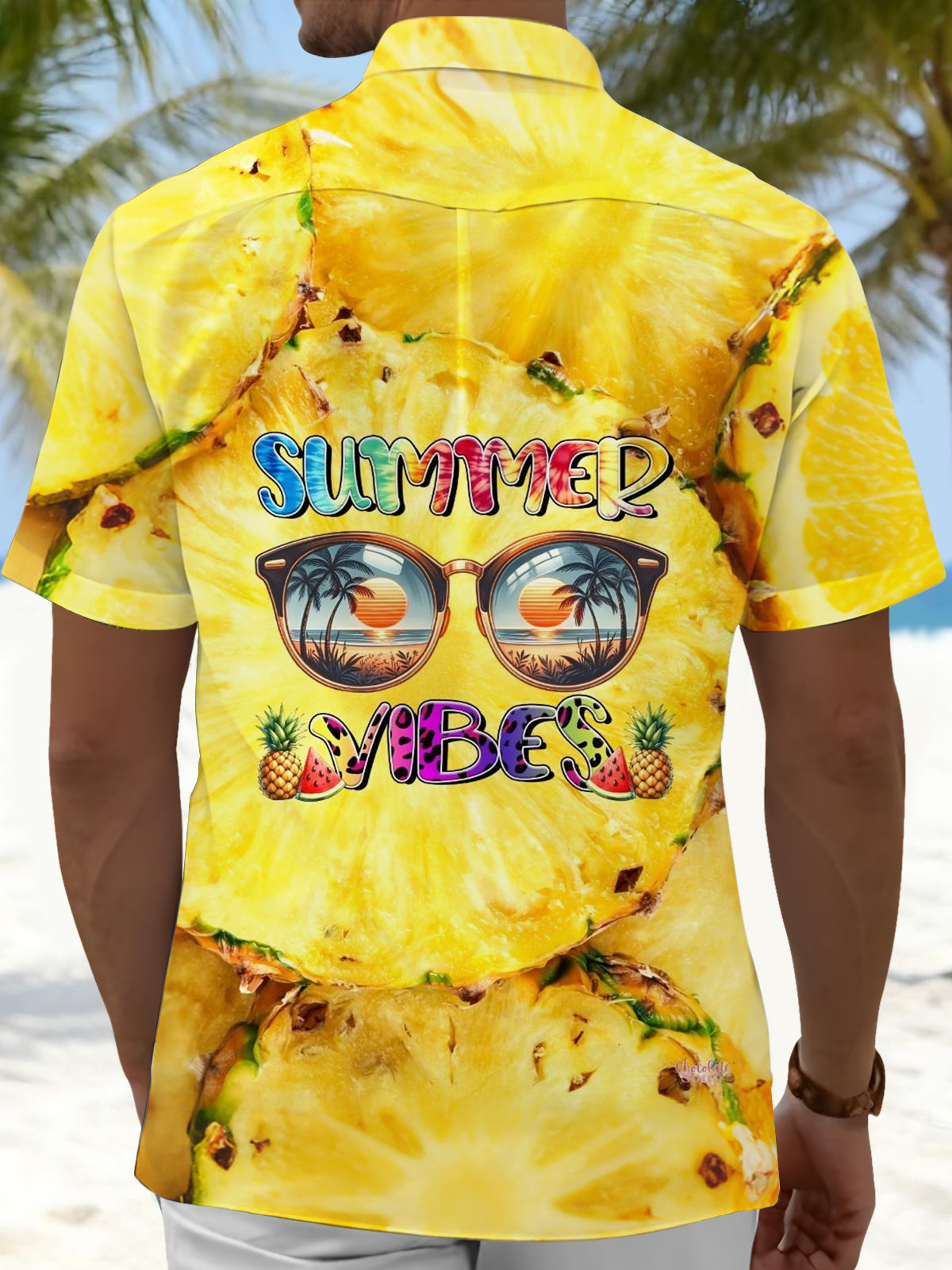 Hawaiian Pineapple Sunglasses Print Men's Pocket Short Sleeve Shirts