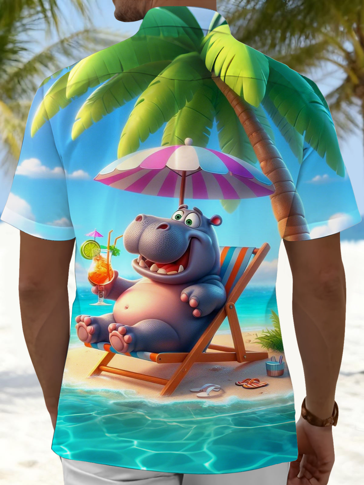 Hawaiian Hippo Print Men's Pocket Short Sleeve Shirts