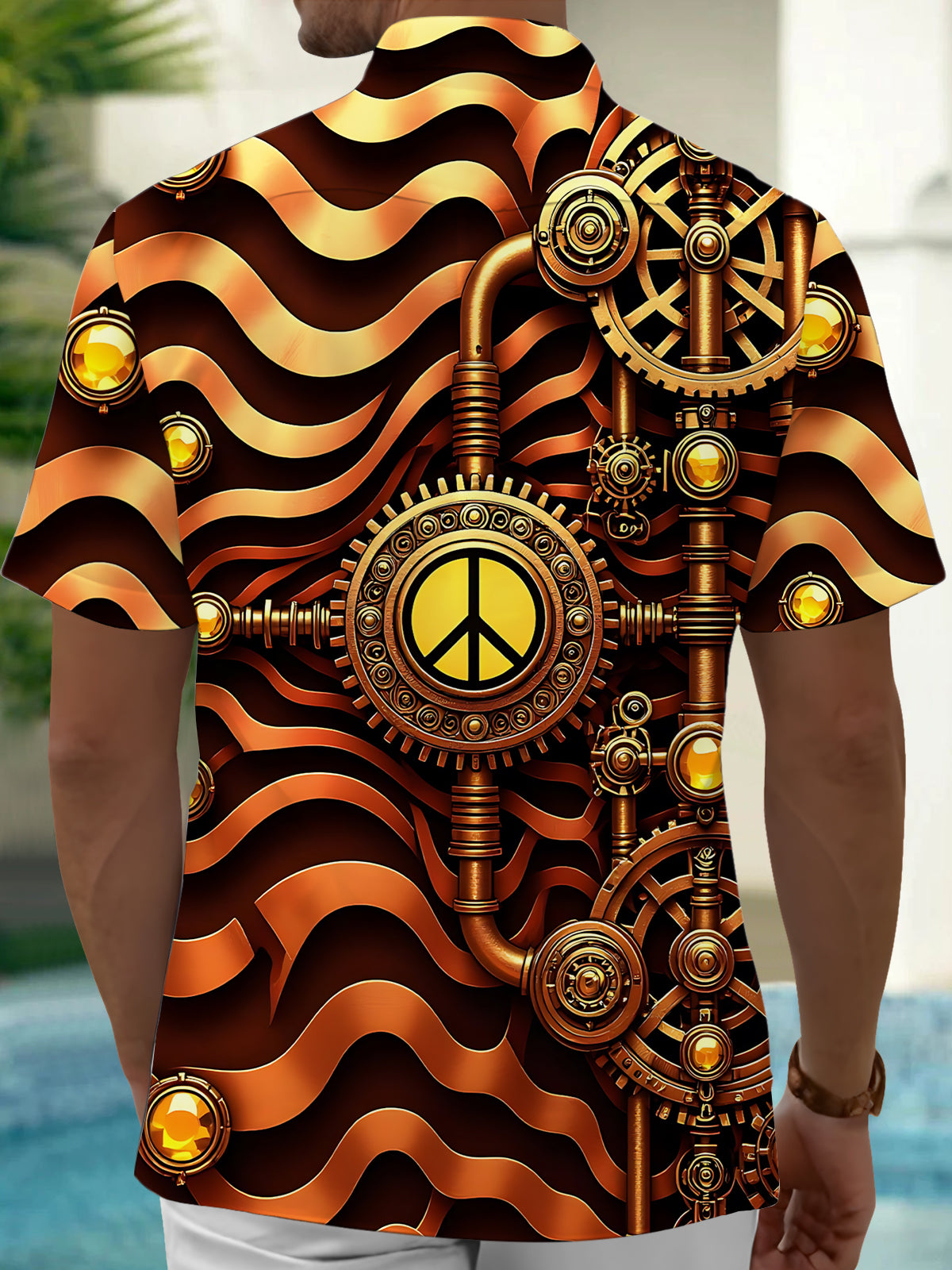 Peace Sign Gear Print Men's Pocket Short Sleeve Shirts