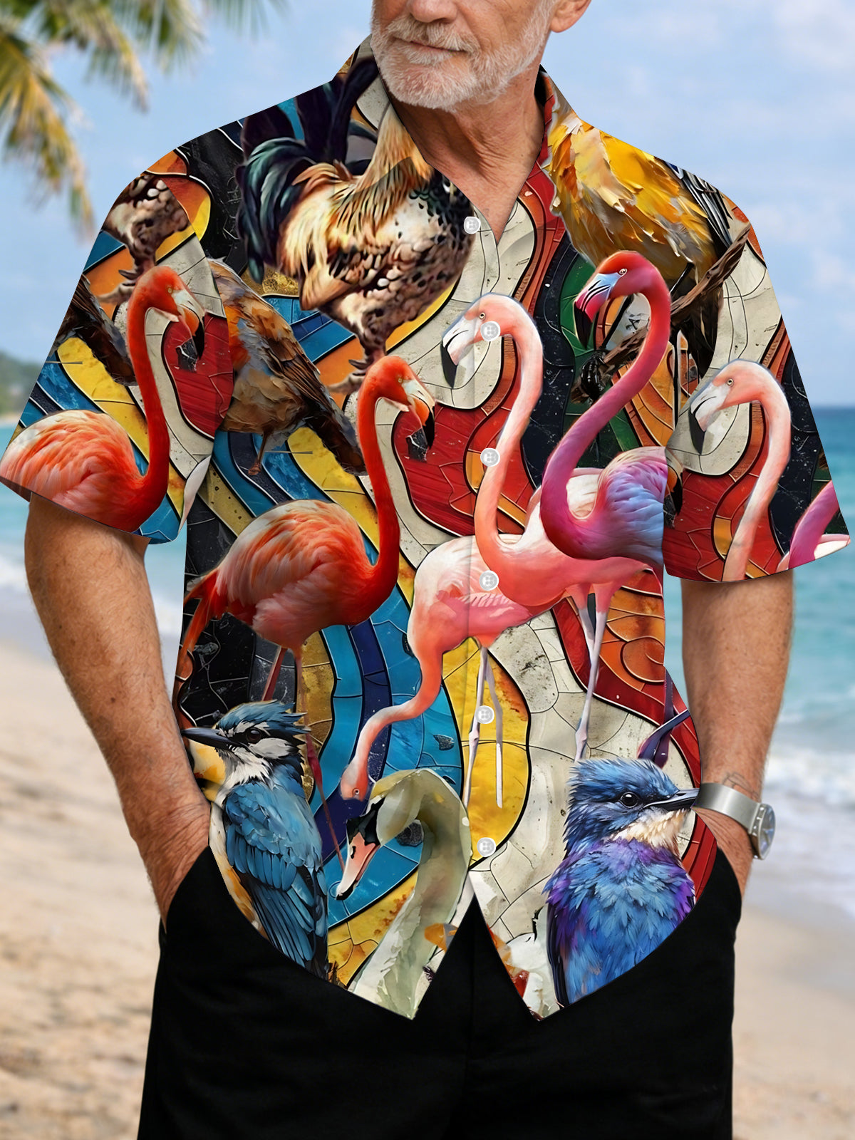 Flamingo Print Men's Pocket Short Sleeve Shirts