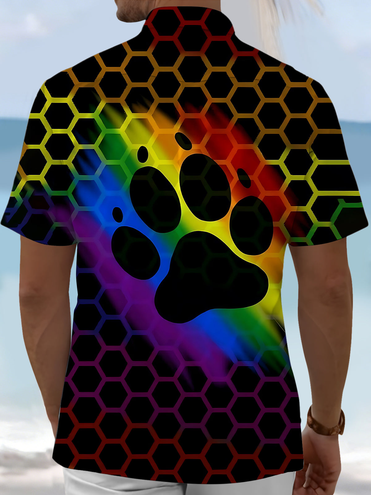 Paw Rainbow Geometric Print Men's Pocket Short Sleeve Shirts