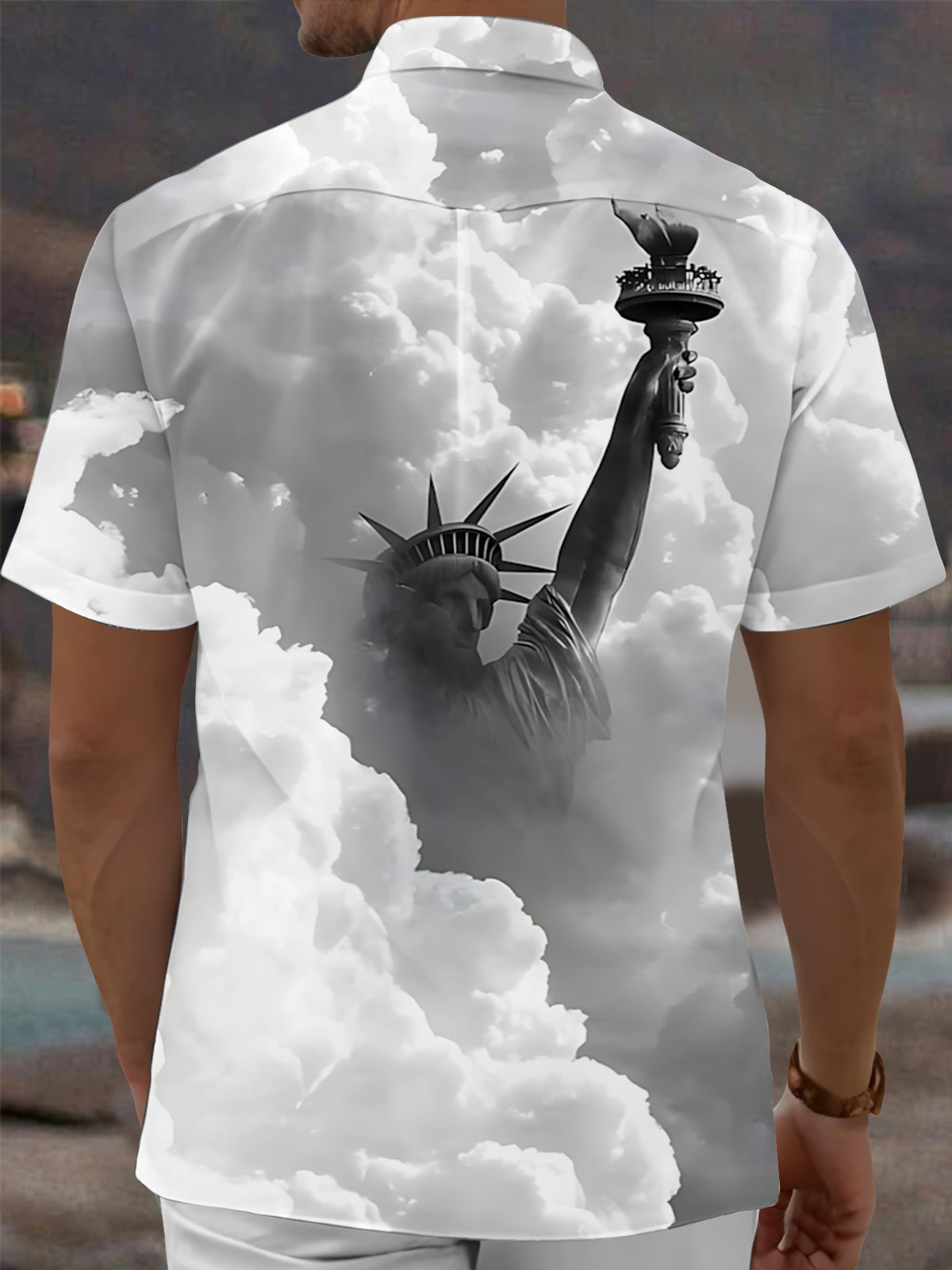 Statue of Liberty Print Men's Pocket Short Sleeve Shirts