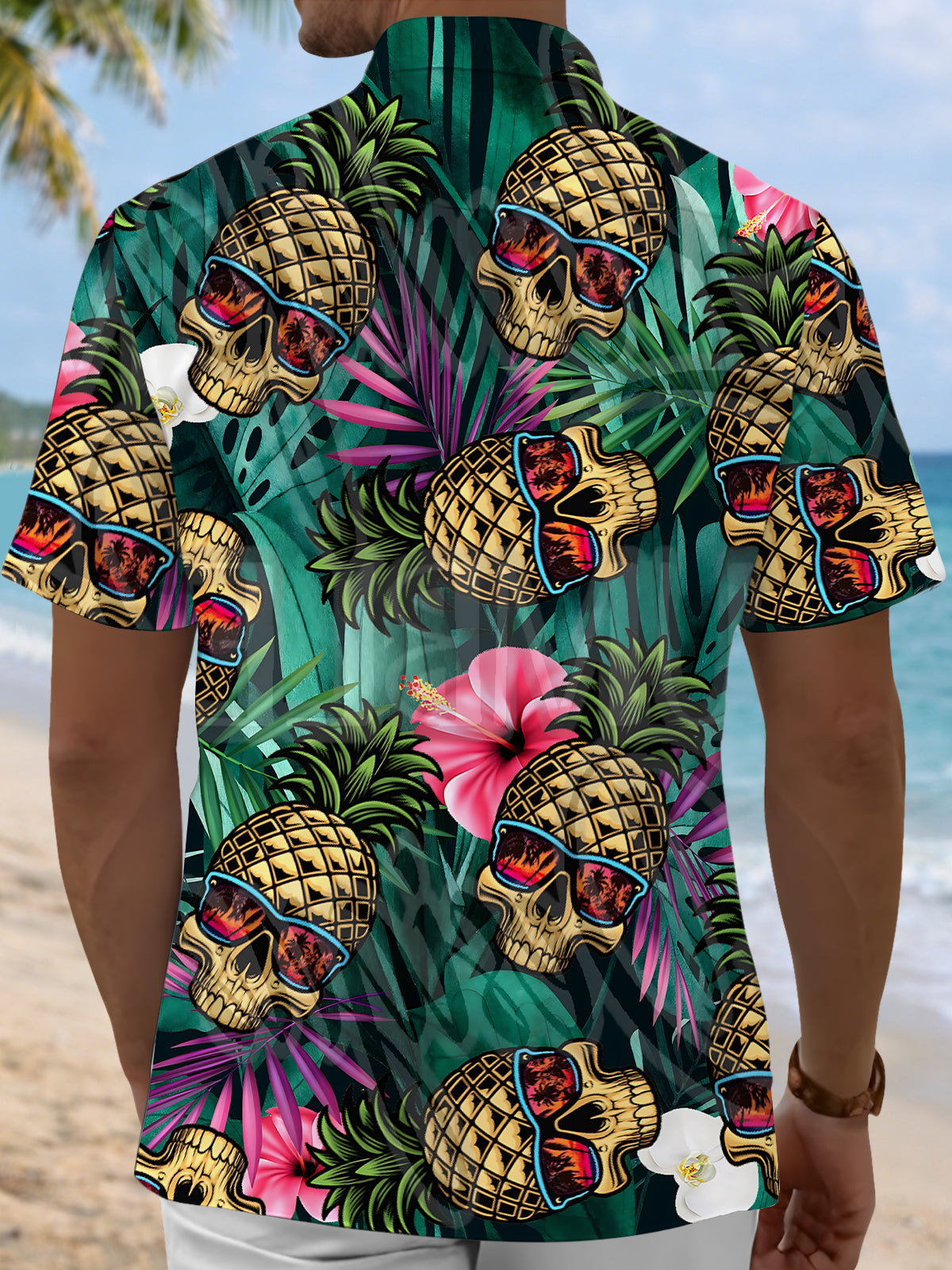 Hawaiian Pineapple Skull Plant Print Men's Pocket Short Sleeve Shirts
