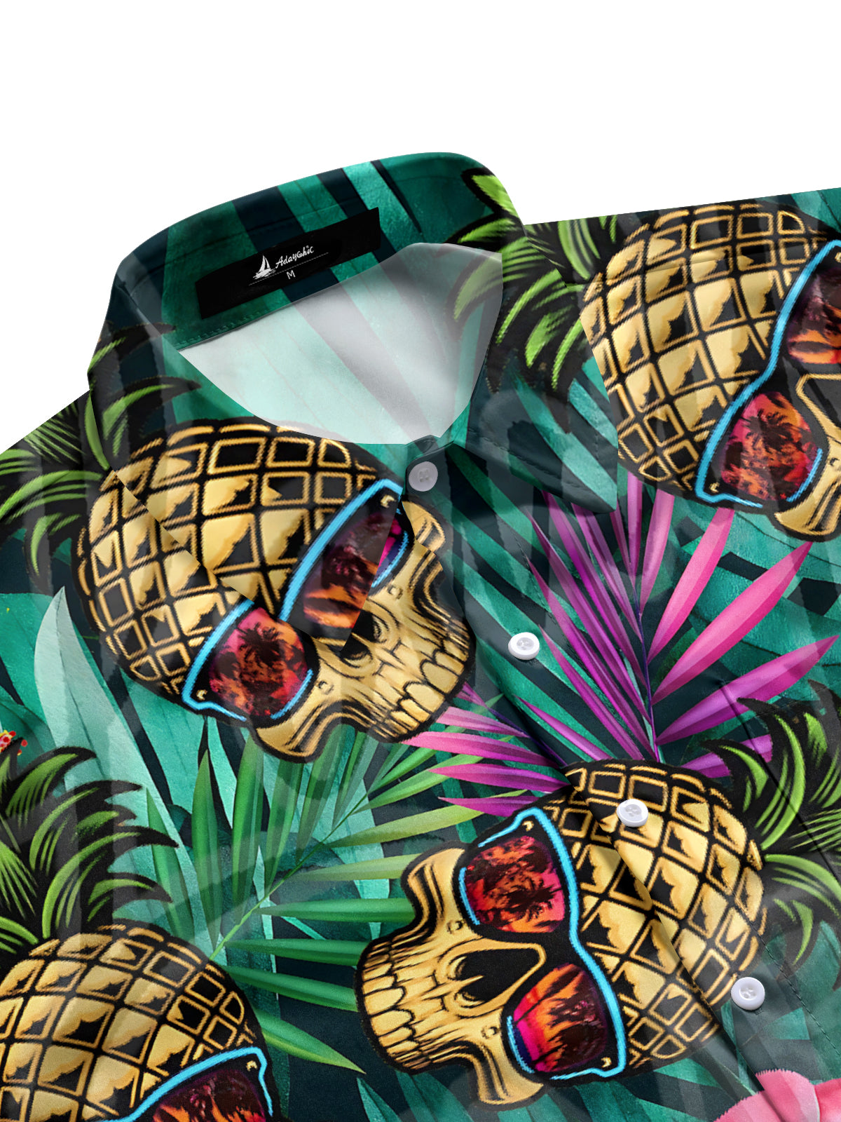 Hawaiian Pineapple Skull Plant Print Men's Pocket Short Sleeve Shirts
