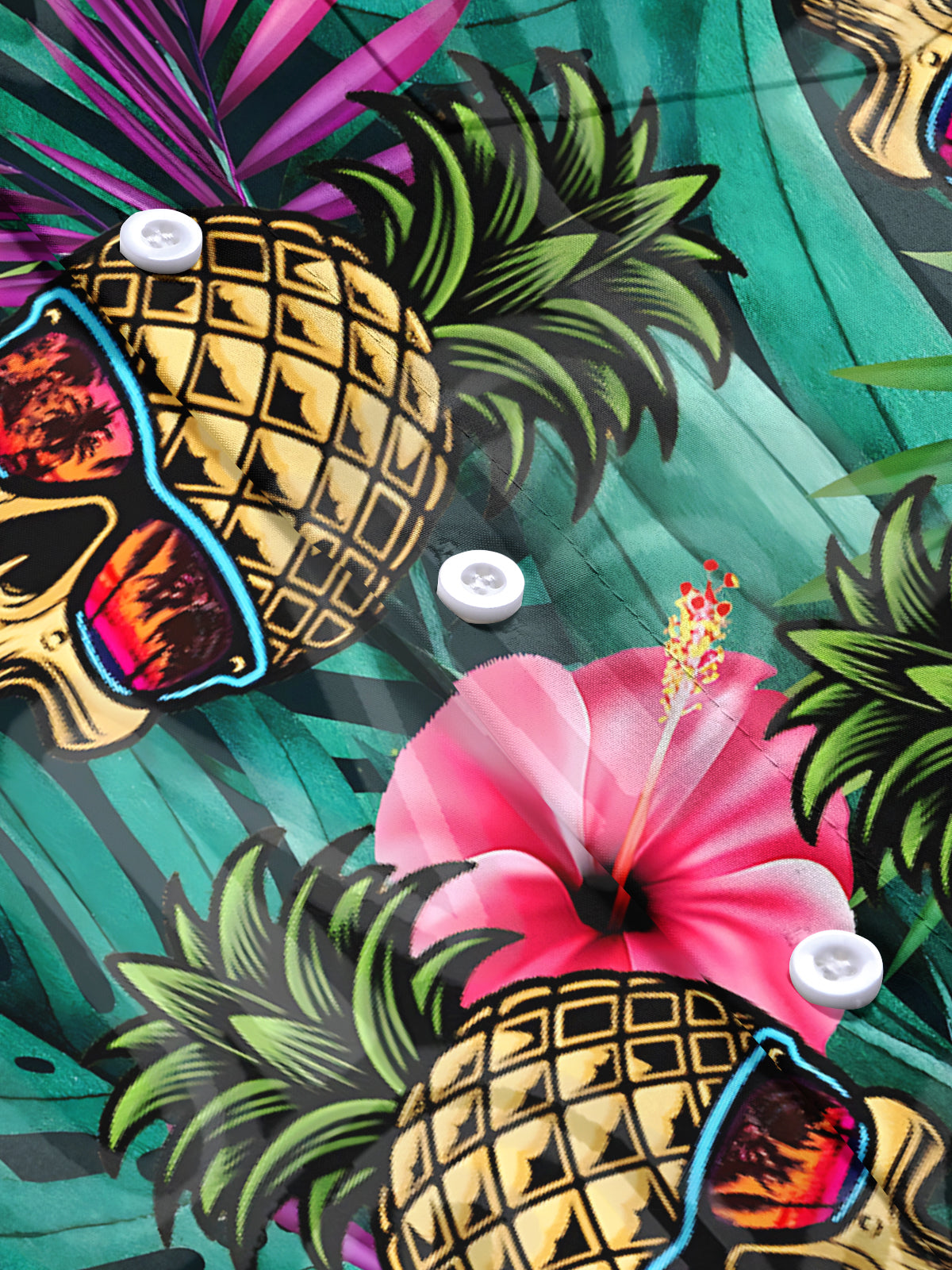 Hawaiian Pineapple Skull Plant Print Men's Pocket Short Sleeve Shirts