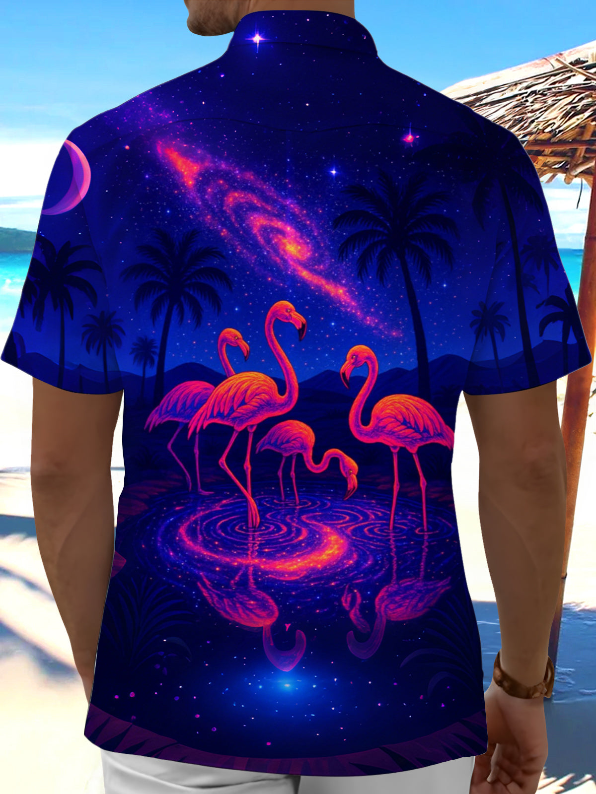 Hawaiian Flamingo Coconut Tree Print Men's Pocket Short Sleeve Shirts