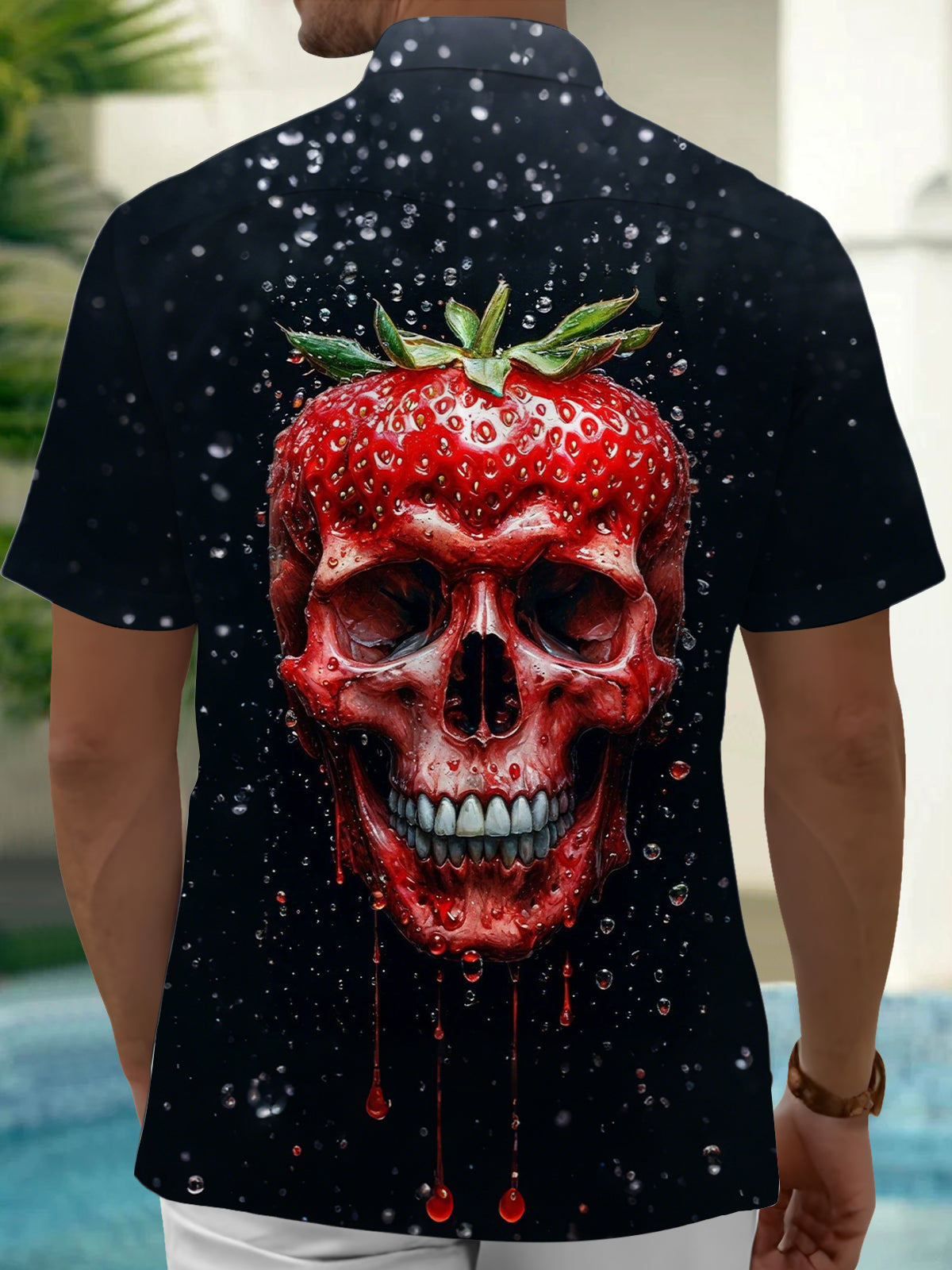 Strawberry Skull Print Men's Pocket Short Sleeve Shirts