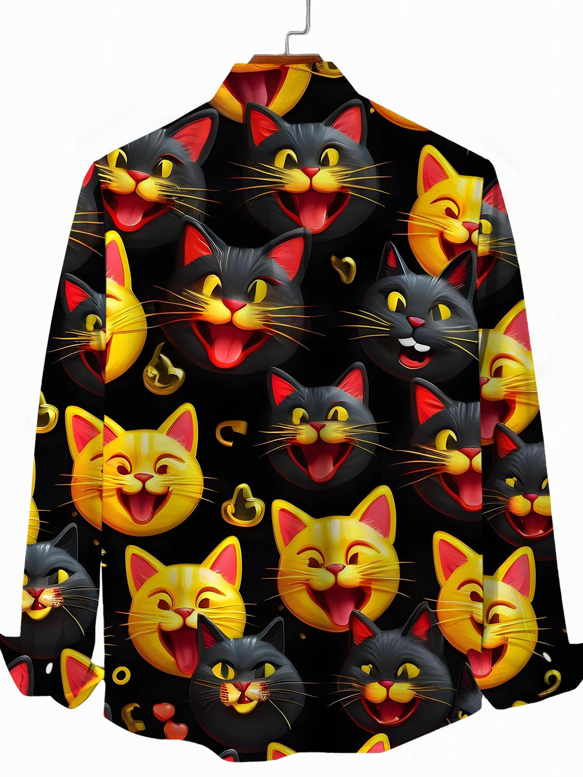 Cat Print Men's Pocket Long Sleeve Shirts