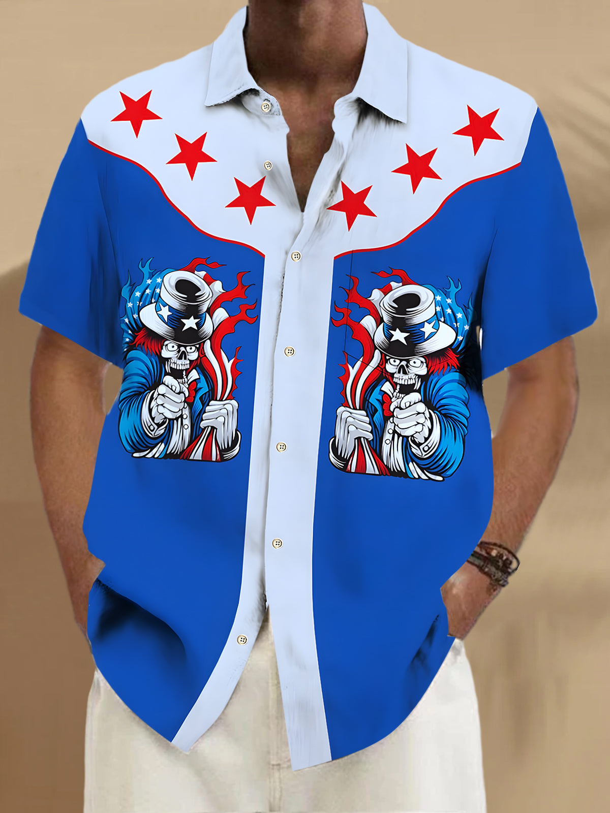 Independence Day Skull Men's Pocket Short Sleeve Shirts