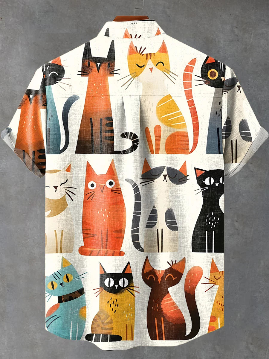 Cartoon Cats Pocket Stand Collar Short Sleeve Shirt