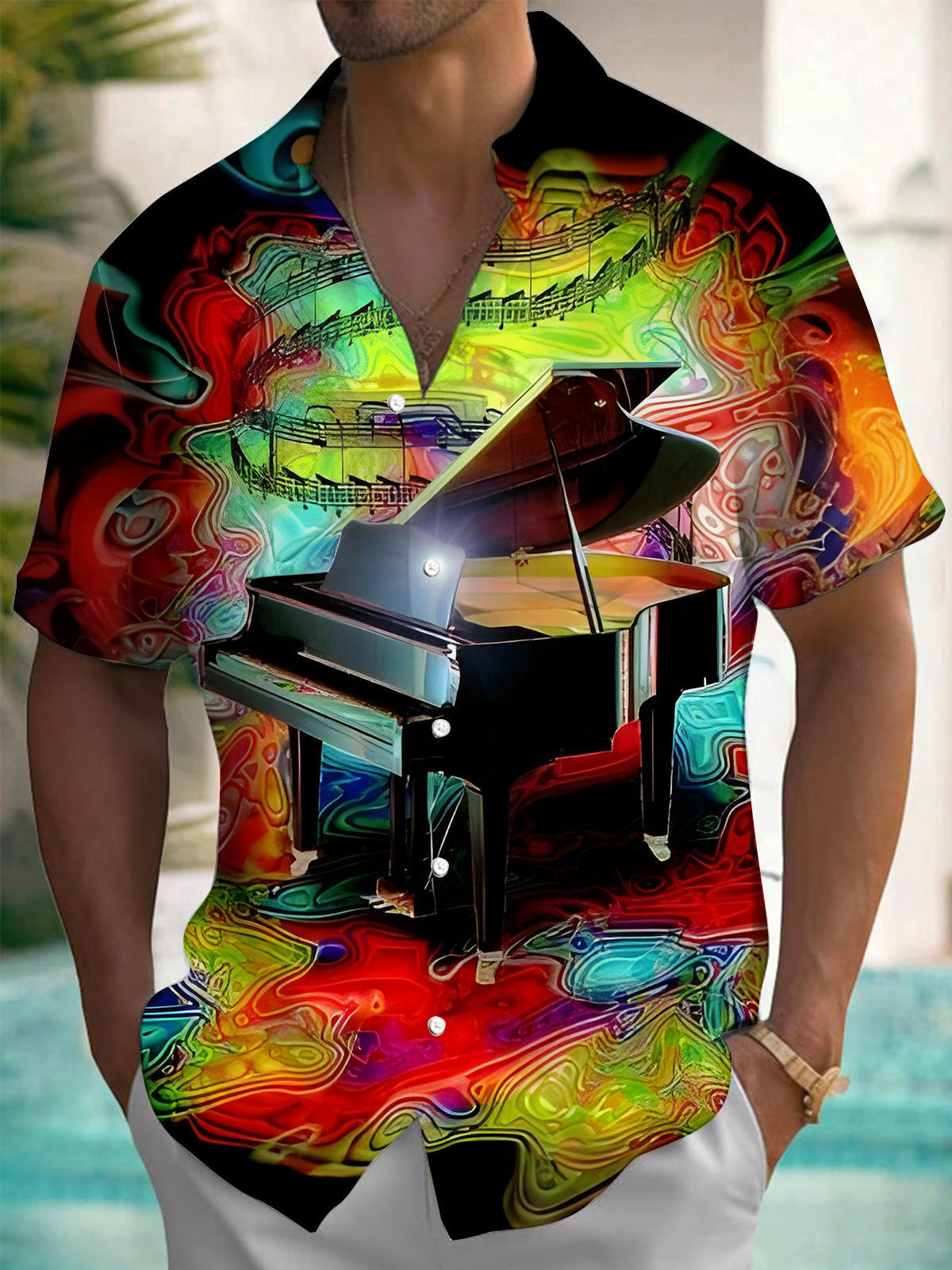 Piano Print Men's Pocket Short Sleeve Shirts