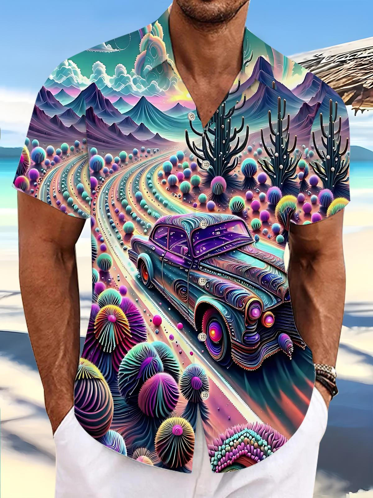 Desert Cactus Car Print Men's Pocket Short Sleeve Shirts