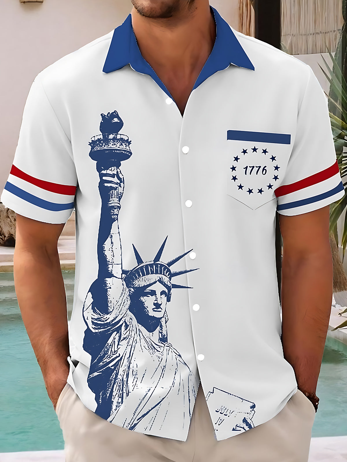 Lady Liberty Print Men's Pocket Short Sleeve Shirts
