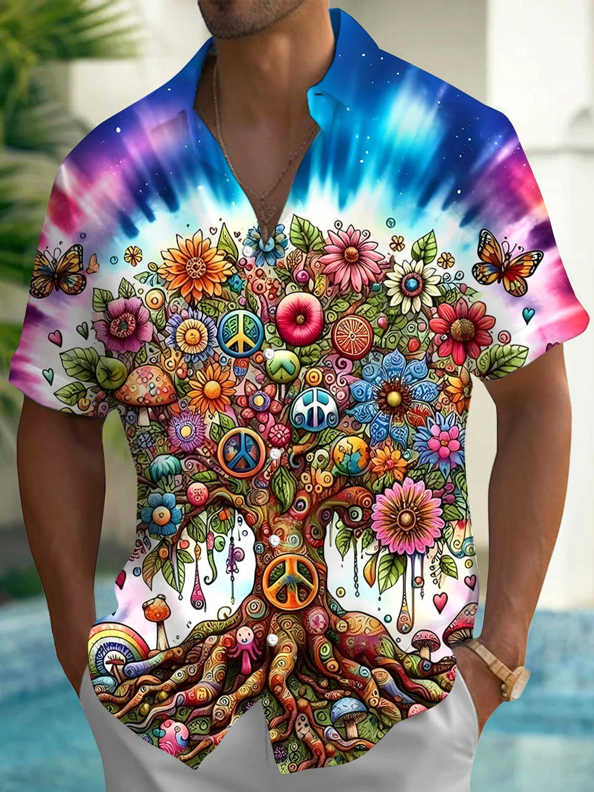 Tie Dye Hippie Tree Men's Pocket Short Sleeve Shirts