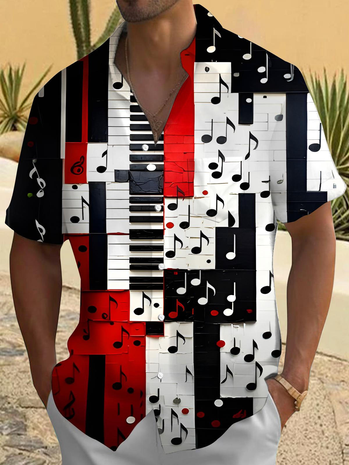 Color Block Piano Music Notes Men's Pocket Short Sleeve Shirts