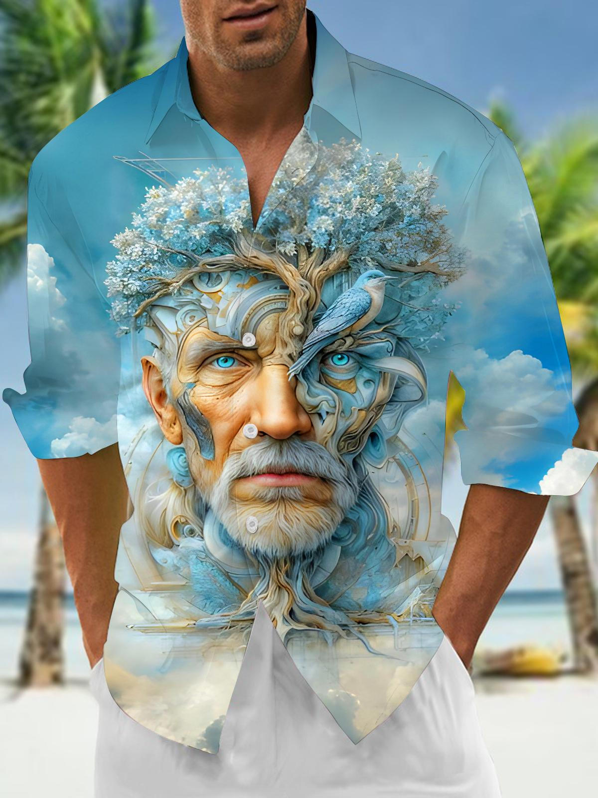 Art Wisdom Old Man Life Tree Bird Men's Pocket Long Sleeve Shirts