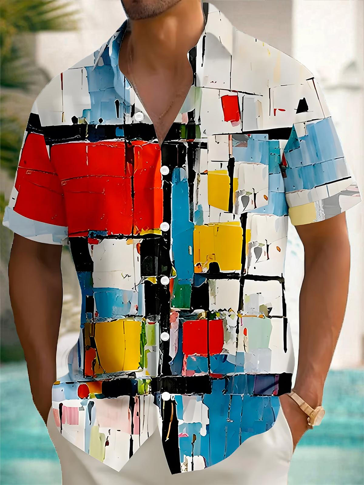 Geometric Color Block Print Men's Pocket Short Sleeve Shirts