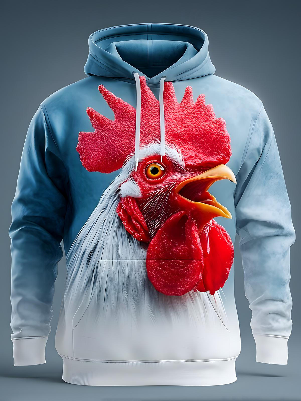 Animal Rooster Long Sleeve Hooded Pocket Men's Top