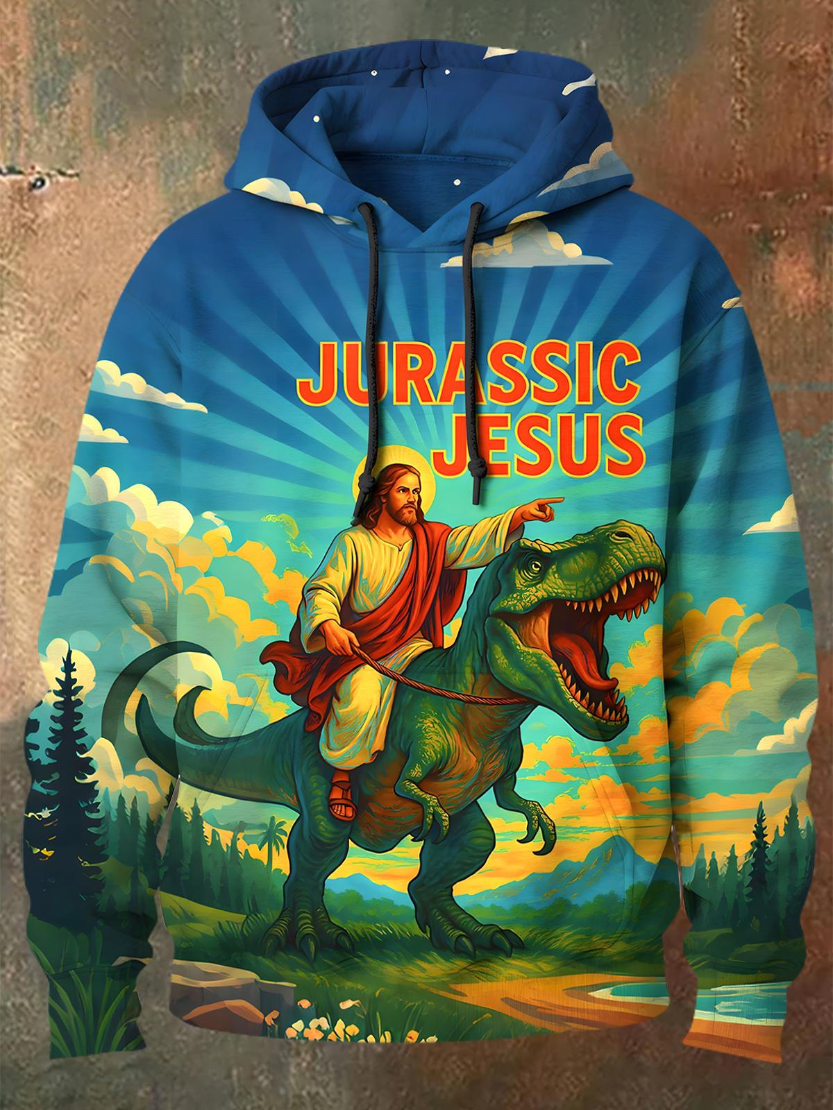 Jurassic Jesus Dinosaur Long Sleeve Hooded Pocket Men's Top
