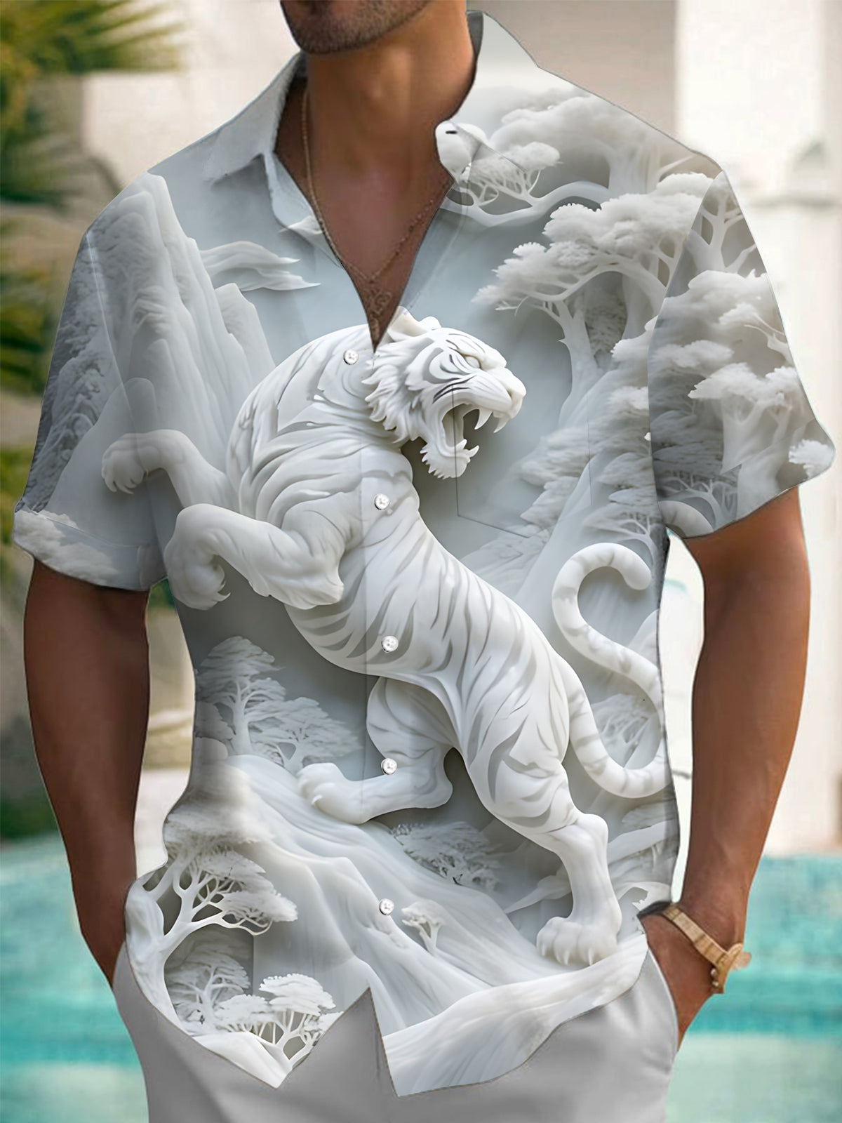 Forest White Tiger Print Men's Pocket Short Sleeve Shirts