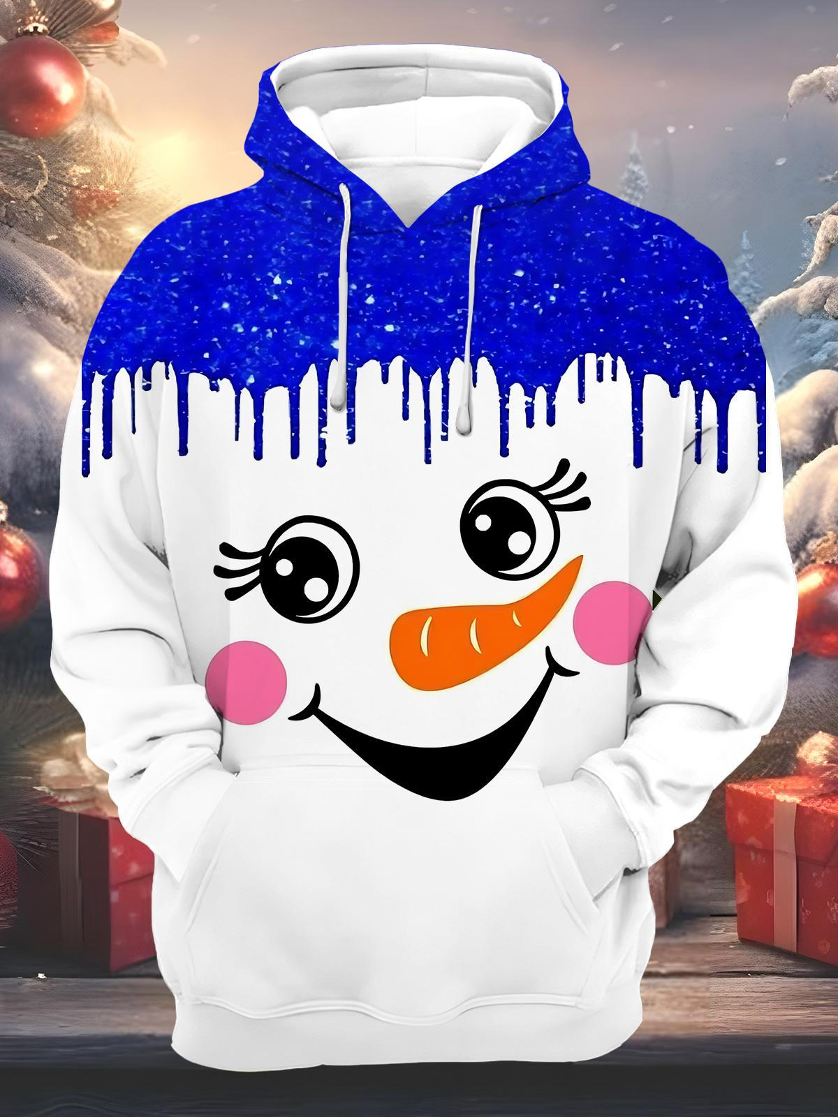Christmas Snowman Print Men's Long Sleeve Pocket Hoodies