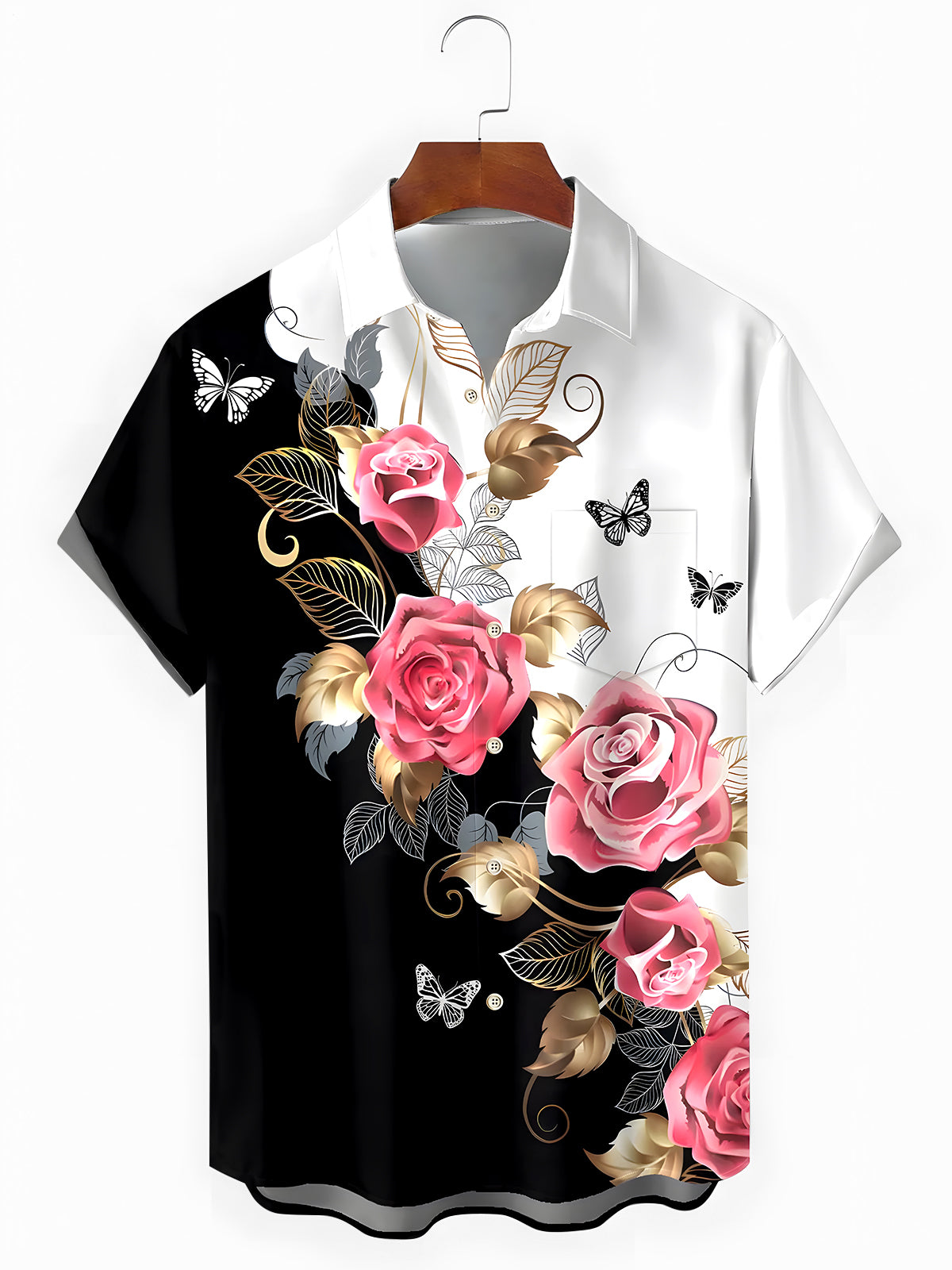 Floral Butterfly Leaf Men's Pocket Short Sleeve Shirts