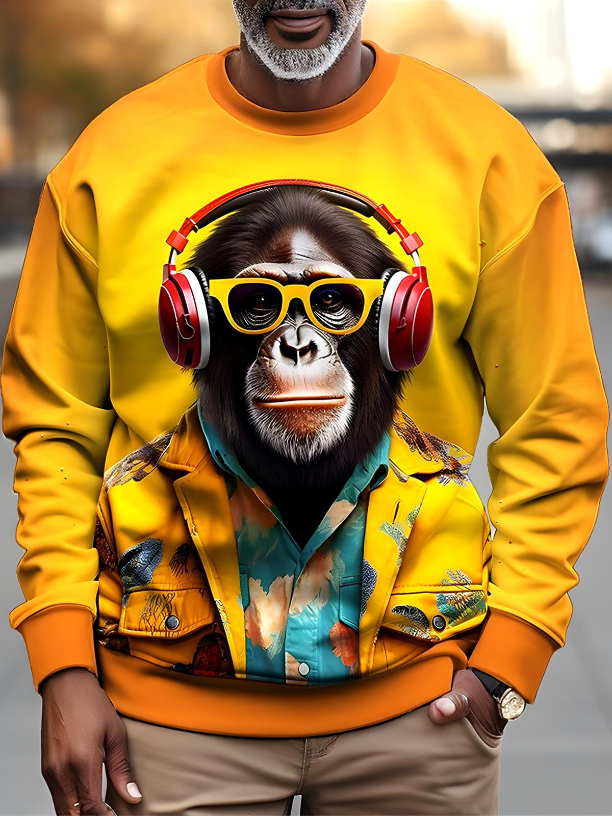 Orangutans Listen To Music Men's Print Round Neck Long Sleeve Sweatshirt