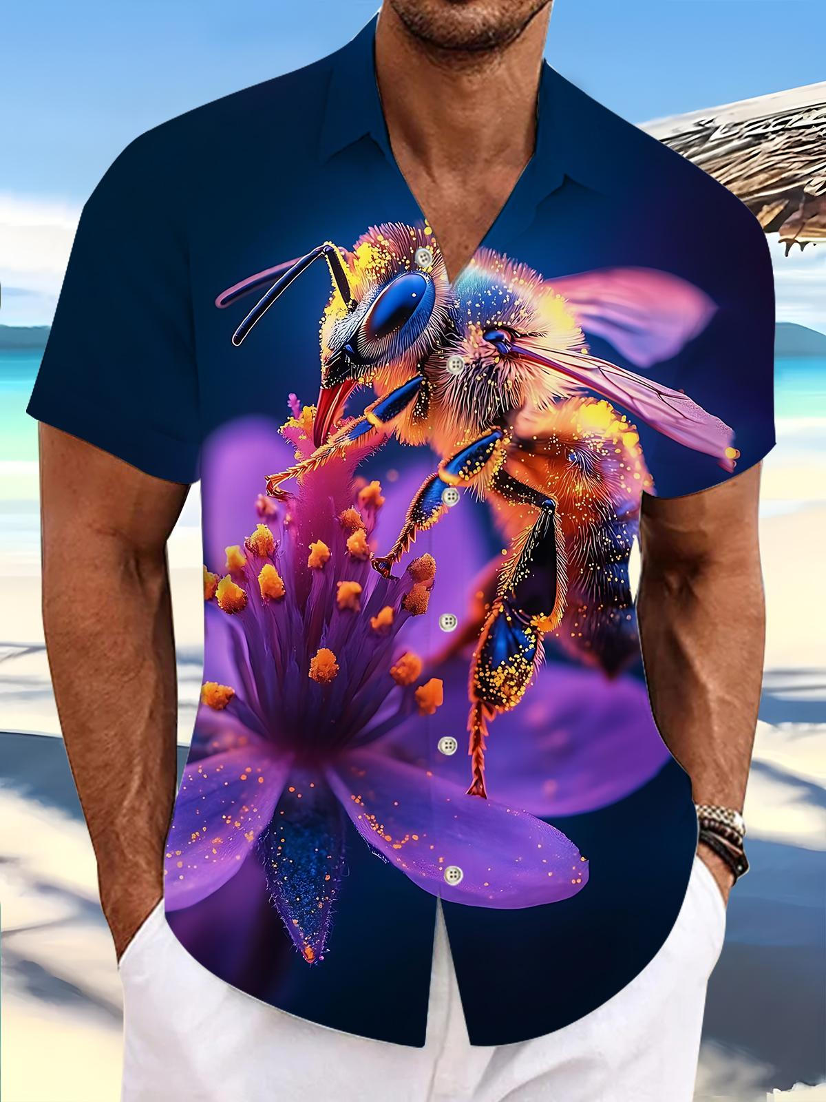 Bee Flower Print Men's Pocket Short Sleeve Shirts