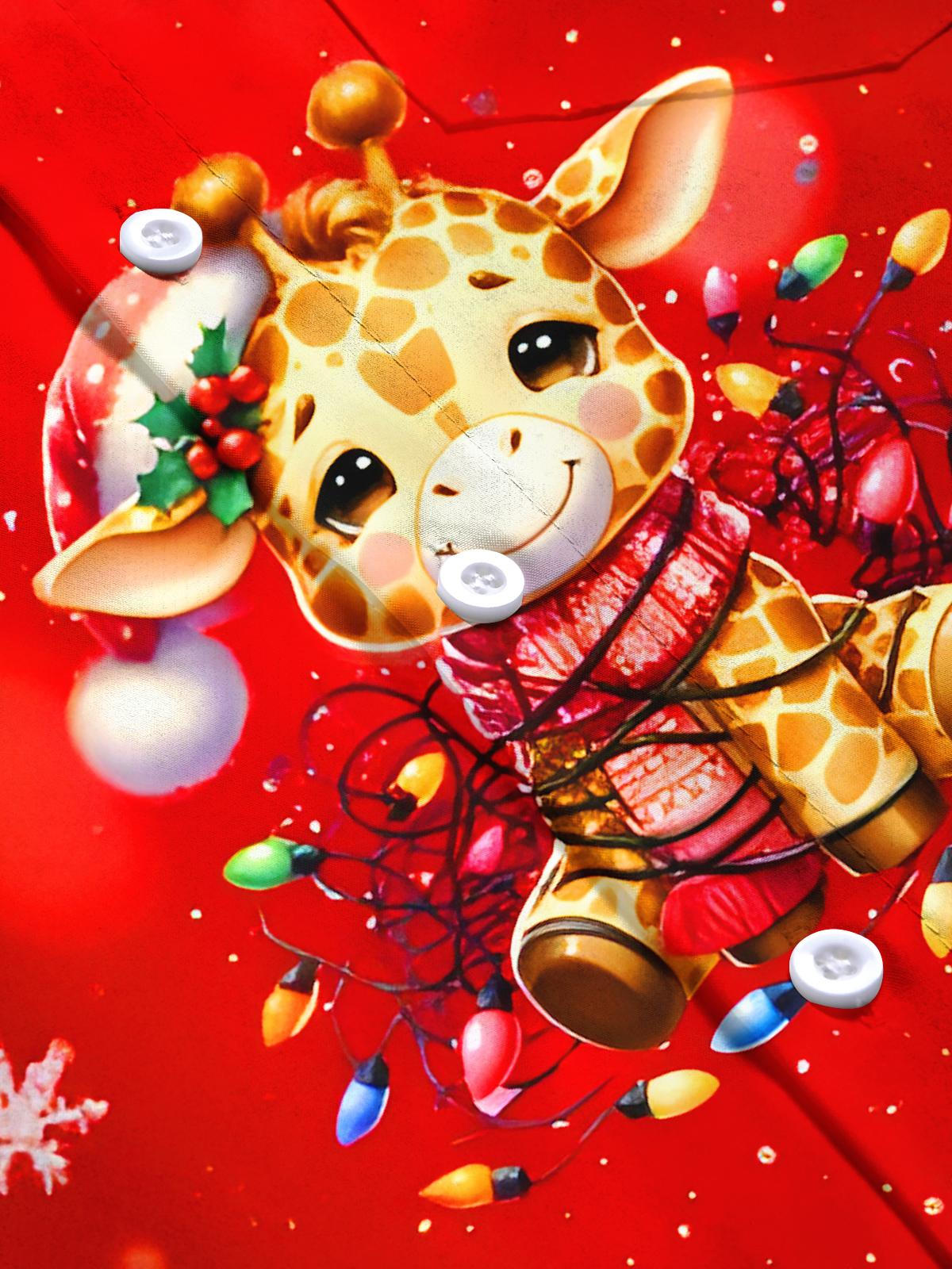 Fun Christmas Lights Snowflakes Giraffe Xmas Men's Pocket Short Sleeve Shirts