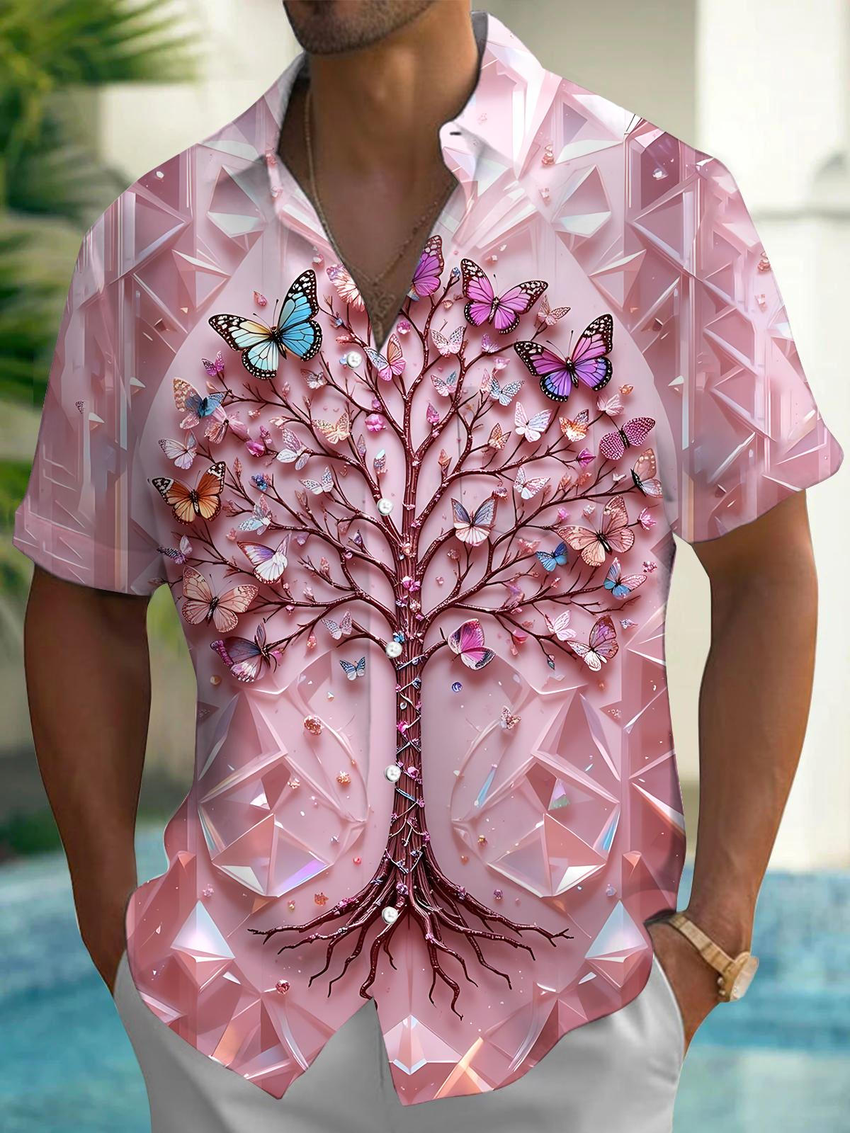 Butterfly Tree Print Men's Pocket Short Sleeve Shirts