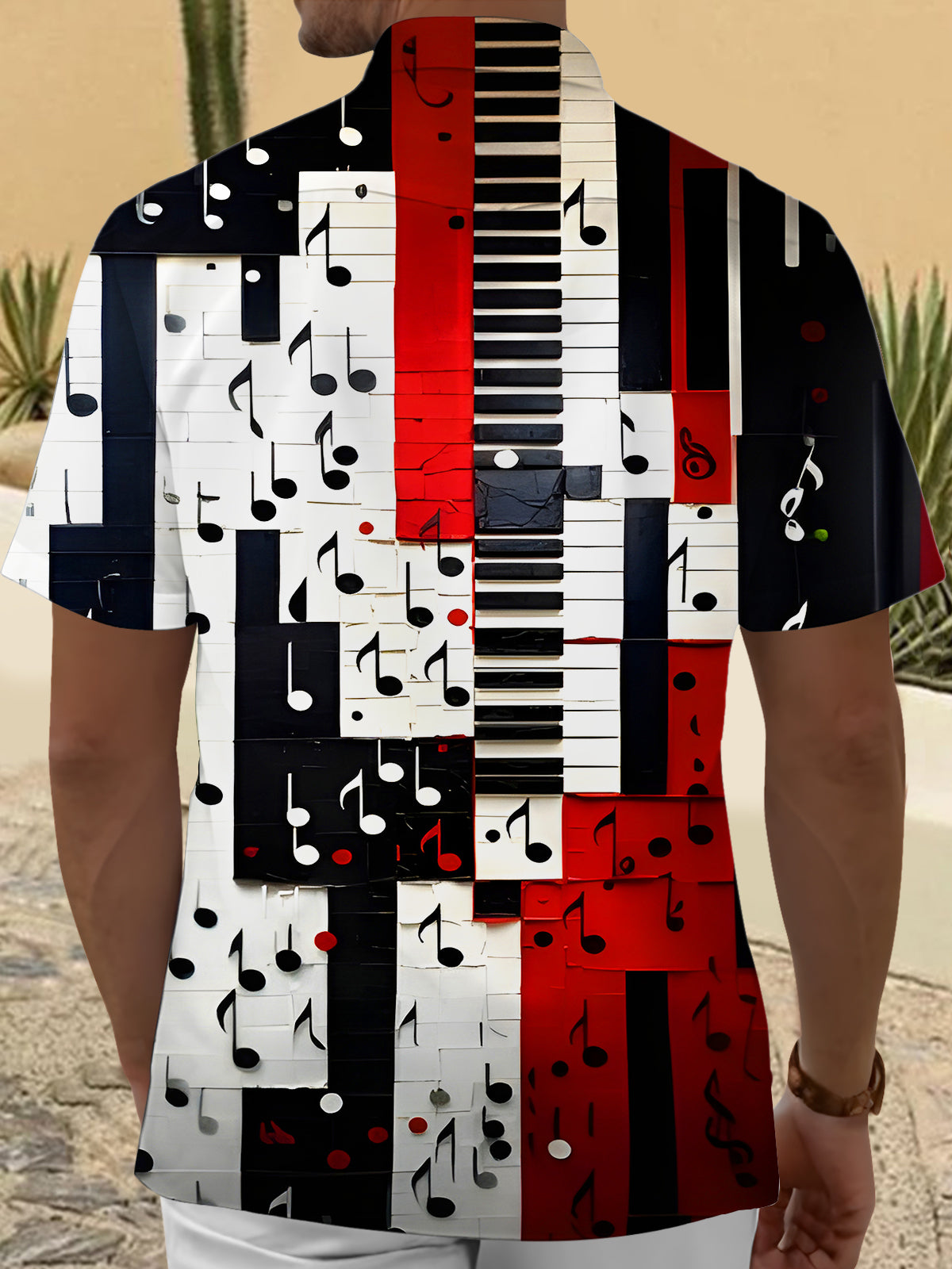 Color Block Piano Music Notes Men's Pocket Short Sleeve Shirts