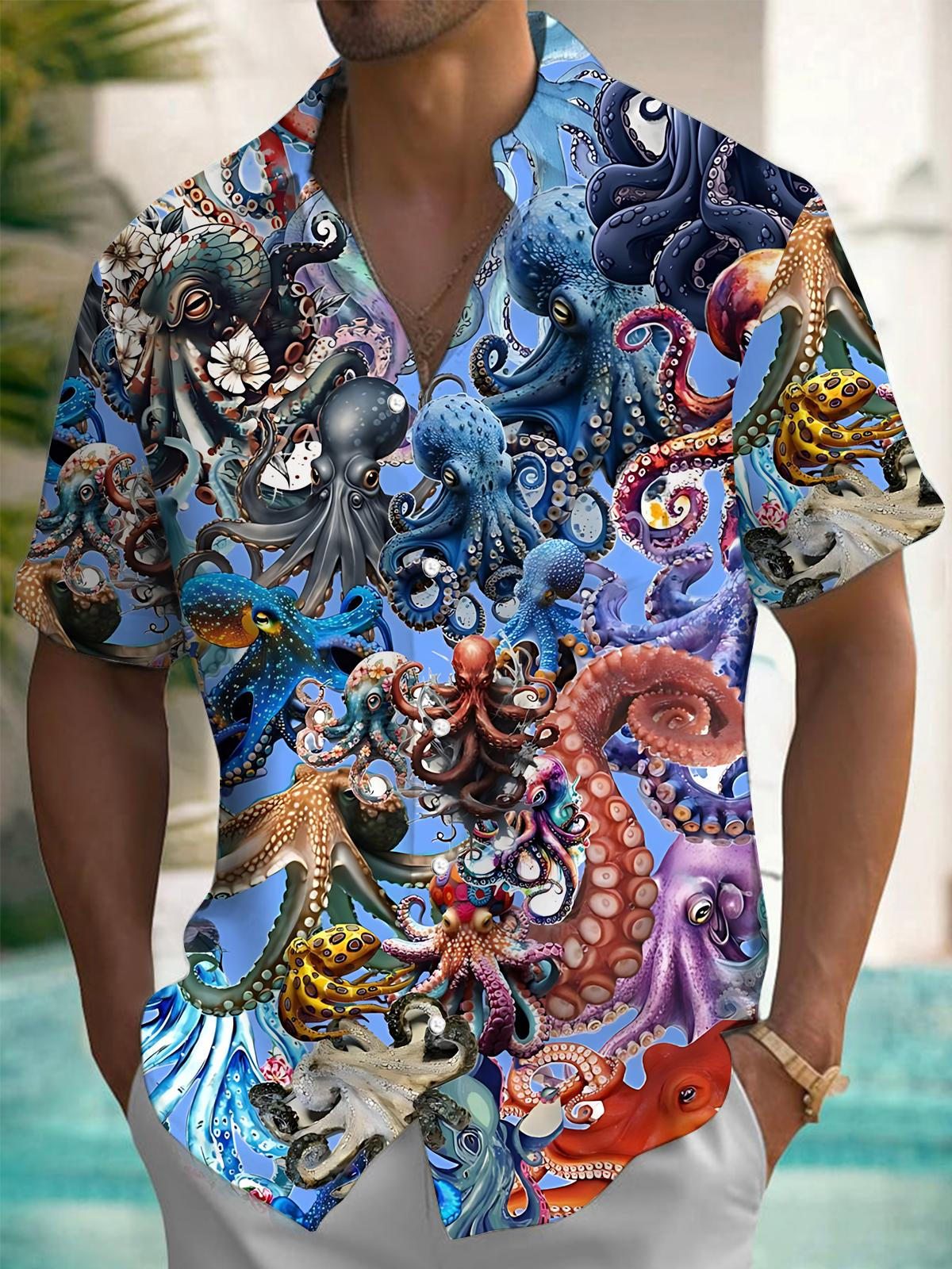 Octopus Print Men's Pocket Short Sleeve Shirts