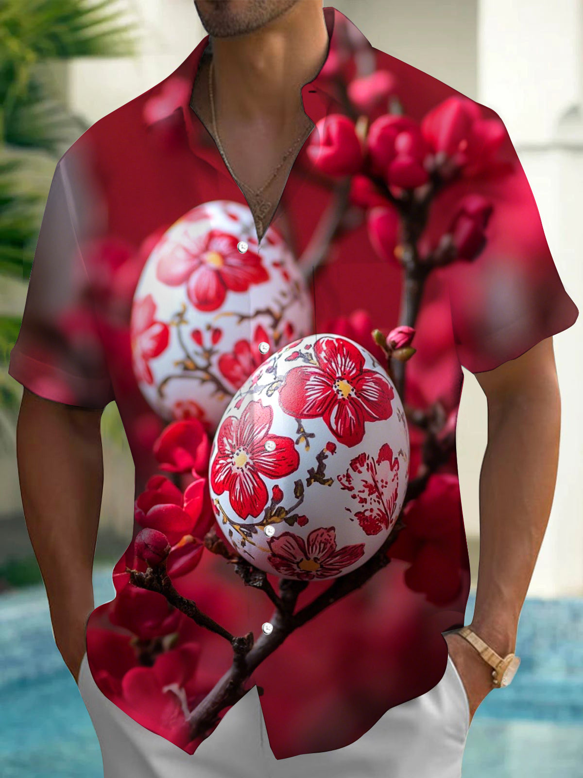 Easter Egg Print Men's Pocket Short Sleeve Shirts