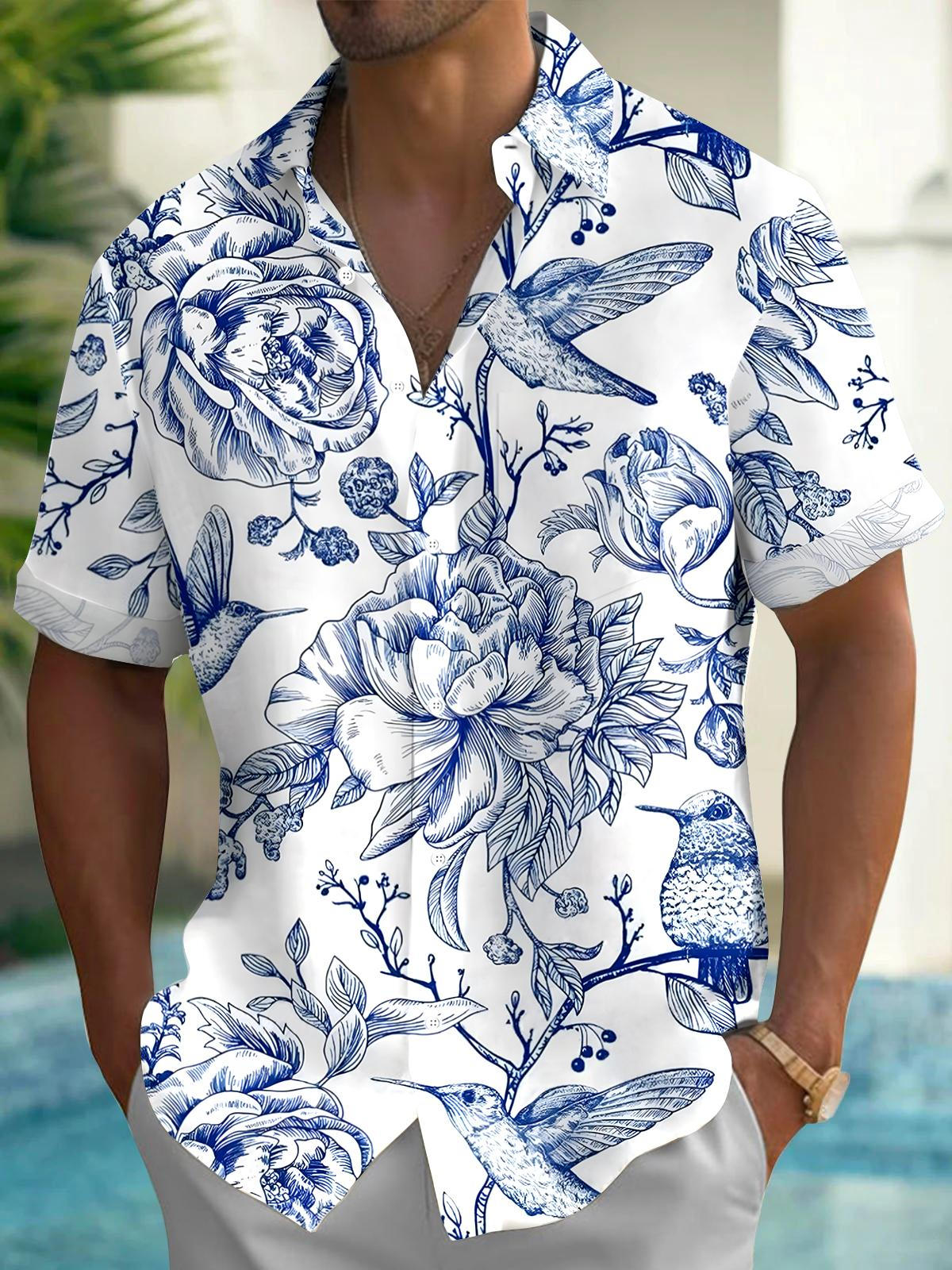 Bird Floral Men's Pocket Short Sleeve Shirts