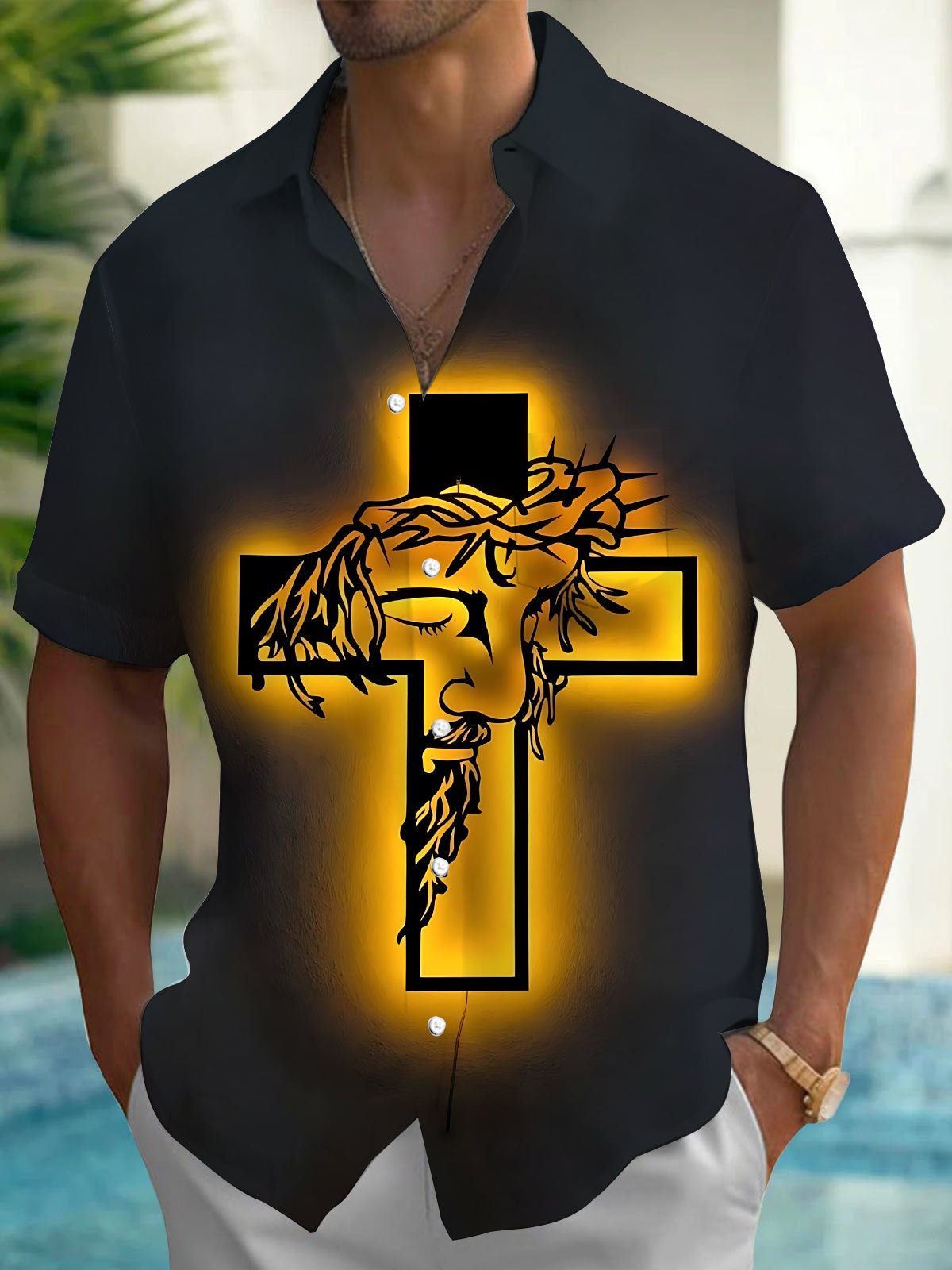Jesus Cross Print Men's Pocket Short Sleeve Shirts