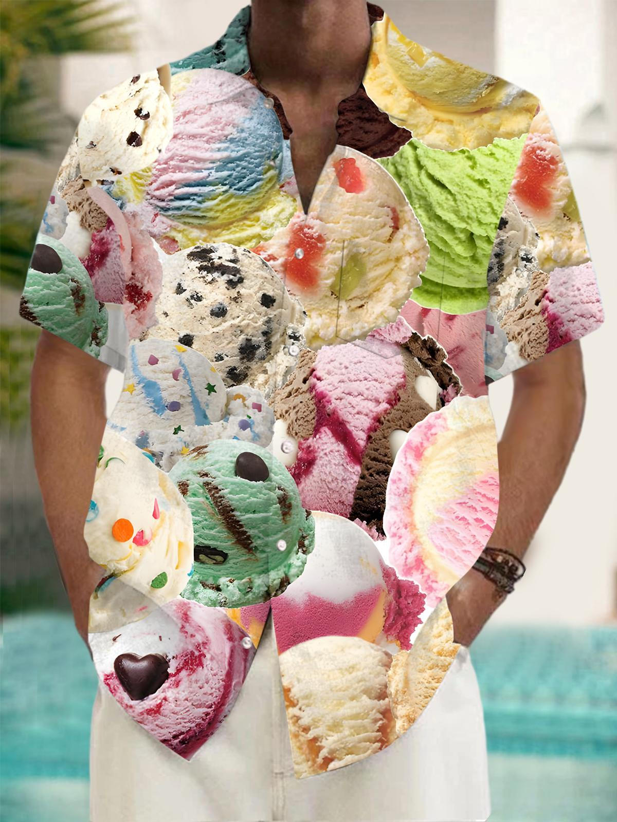 Ice Cream Print Men's Pocket Short Sleeve Shirts