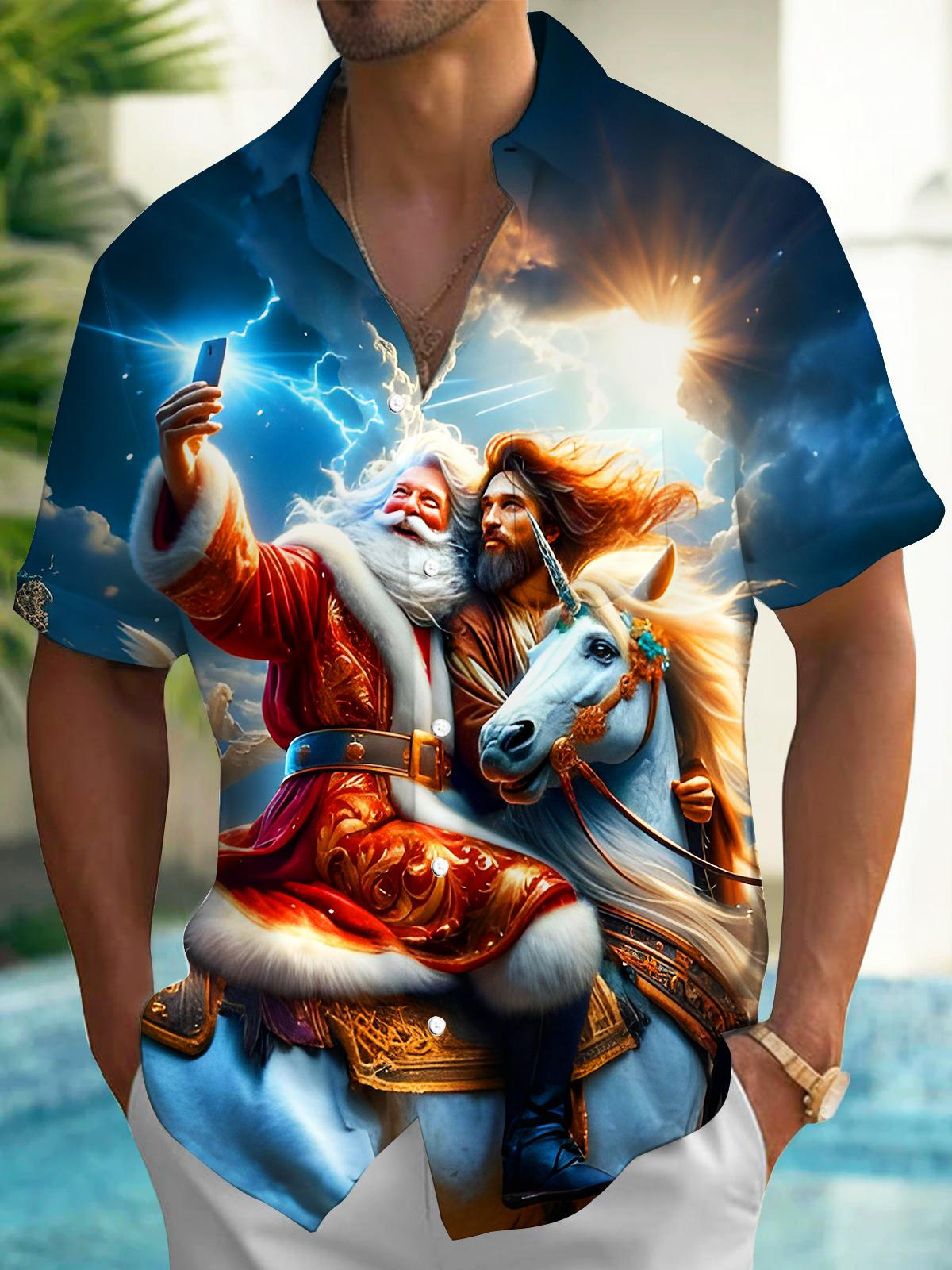 Fun Christmas Santa Claus Jesus Selfie Xmas Men's Pocket Short Sleeve Shirts