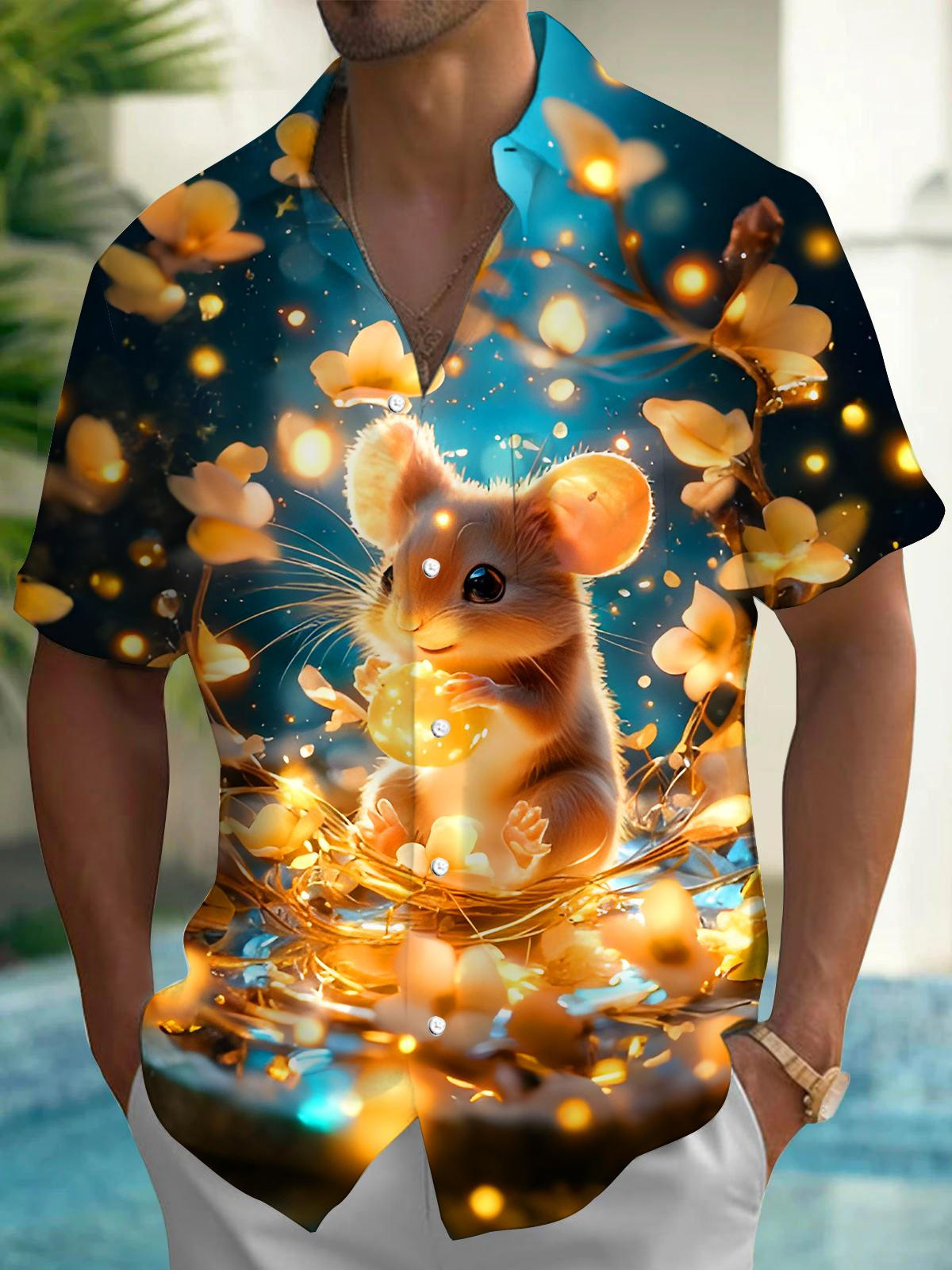 Funny Mouse Magic Ball Glowing Floral Men's Pocket Short Sleeve Shirts