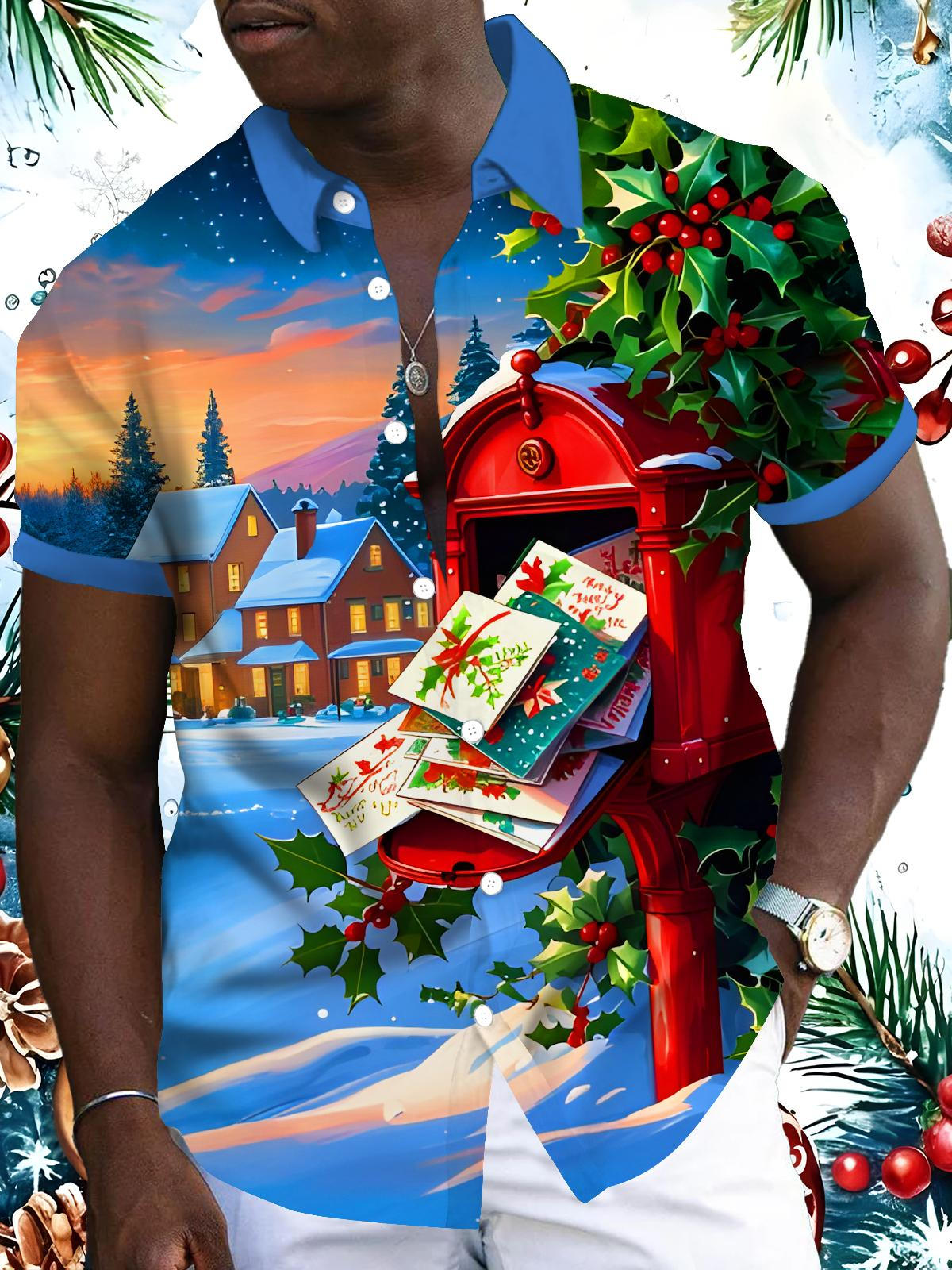 Christmas Cards Mailbox Xmas Men's Pocket Short Sleeve Shirts