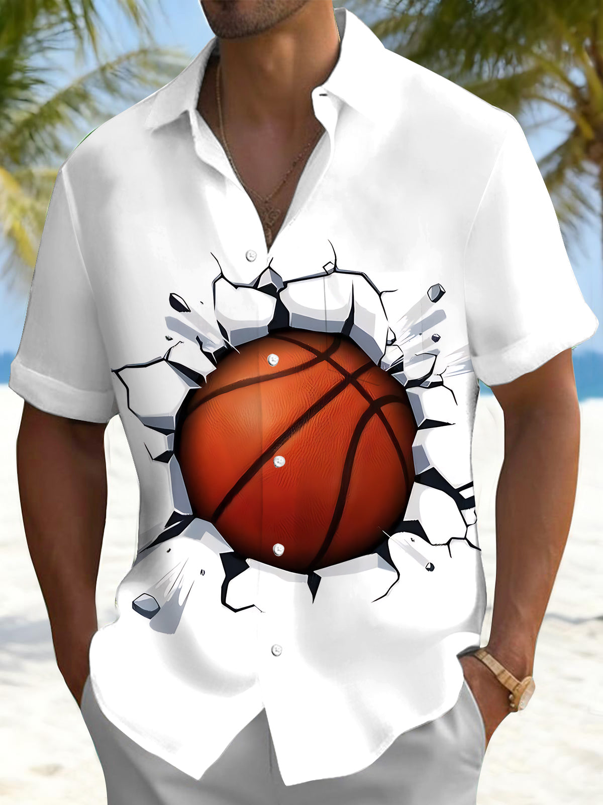 Basketball Print Men's Pocket Short Sleeve Shirts